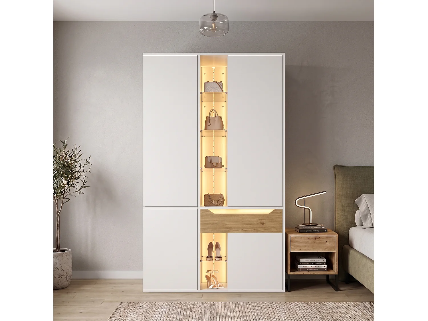 Szafa z witryną szklaną, oświetleniem LED, 1 drążkiem na ubrania, 1 szufladą, 6 otwartymi przegródkami i 4 drzwiami - MDF - 122 x 50 x 200 cm - biała