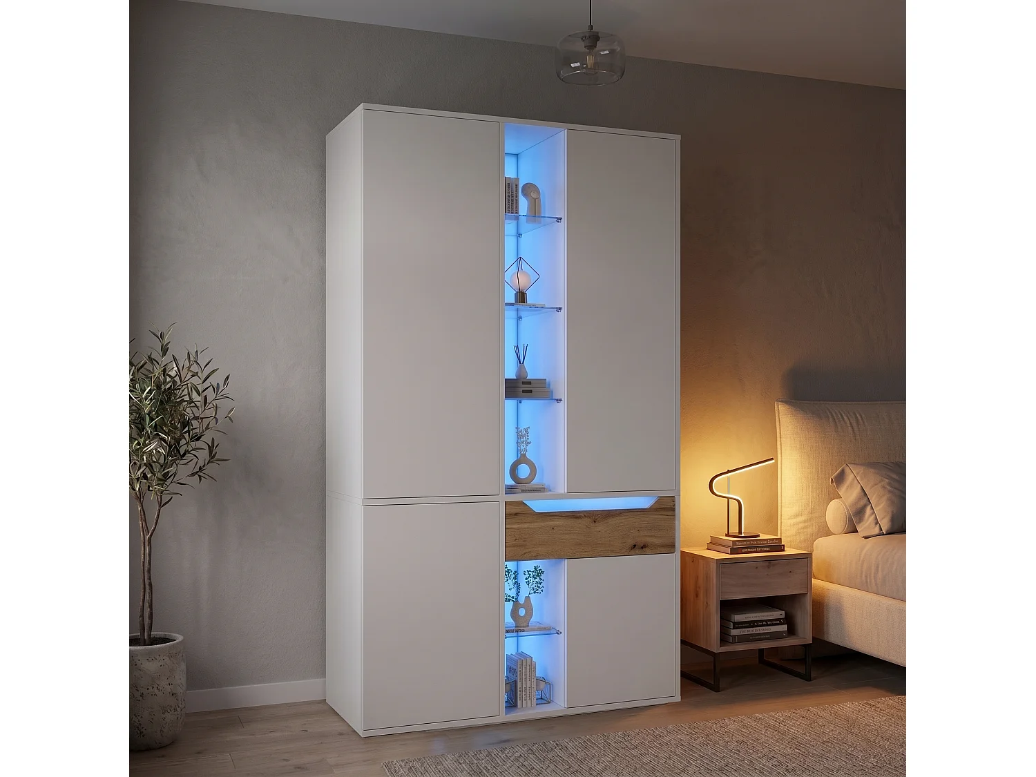 Szafa z witryną szklaną, oświetleniem LED, 1 drążkiem na ubrania, 1 szufladą, 6 otwartymi przegródkami i 4 drzwiami - MDF - 122 x 50 x 200 cm - biała