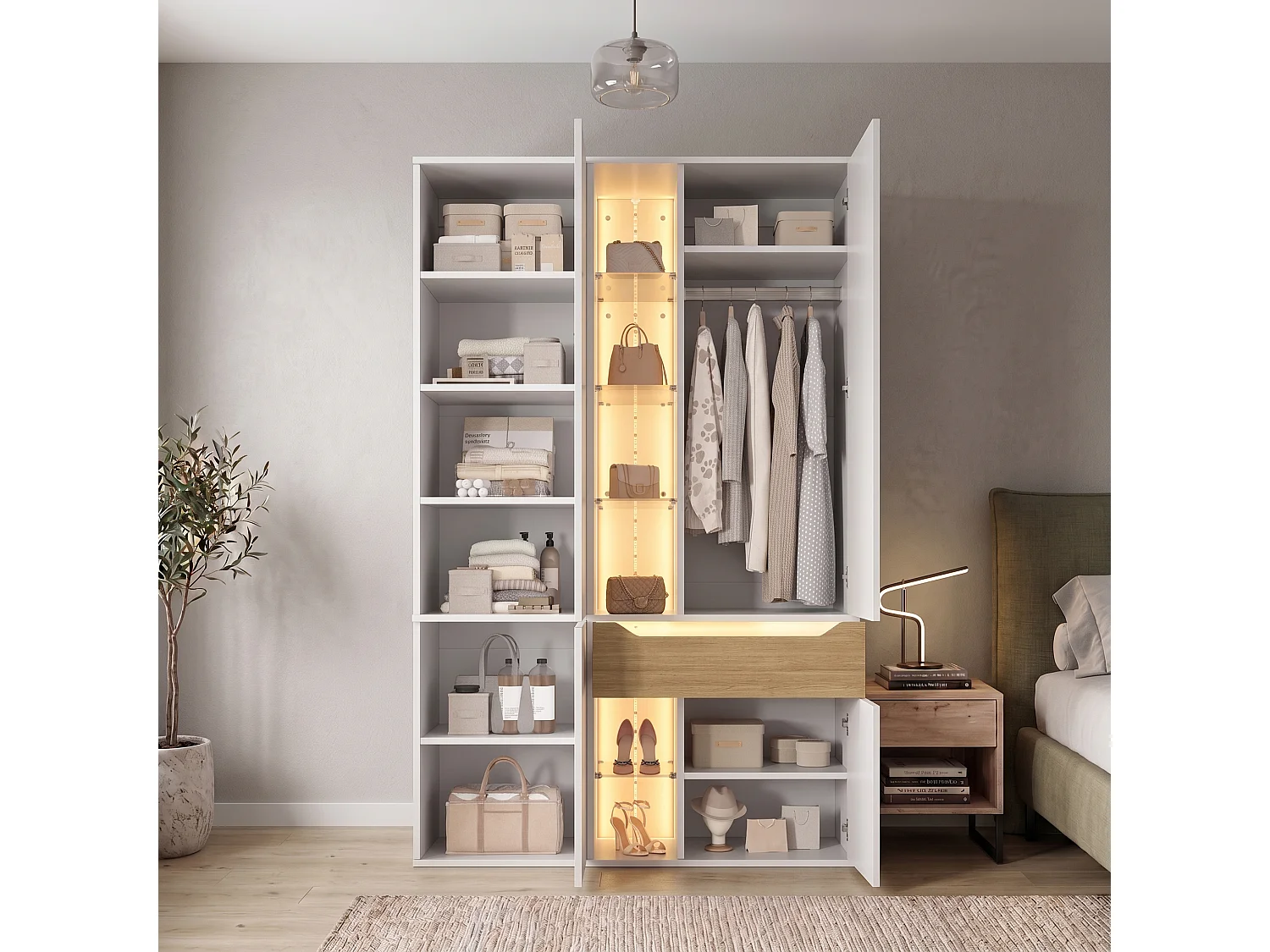 Szafa z witryną szklaną, oświetleniem LED, 1 drążkiem na ubrania, 1 szufladą, 6 otwartymi przegródkami i 4 drzwiami - MDF - 122 x 50 x 200 cm - biała