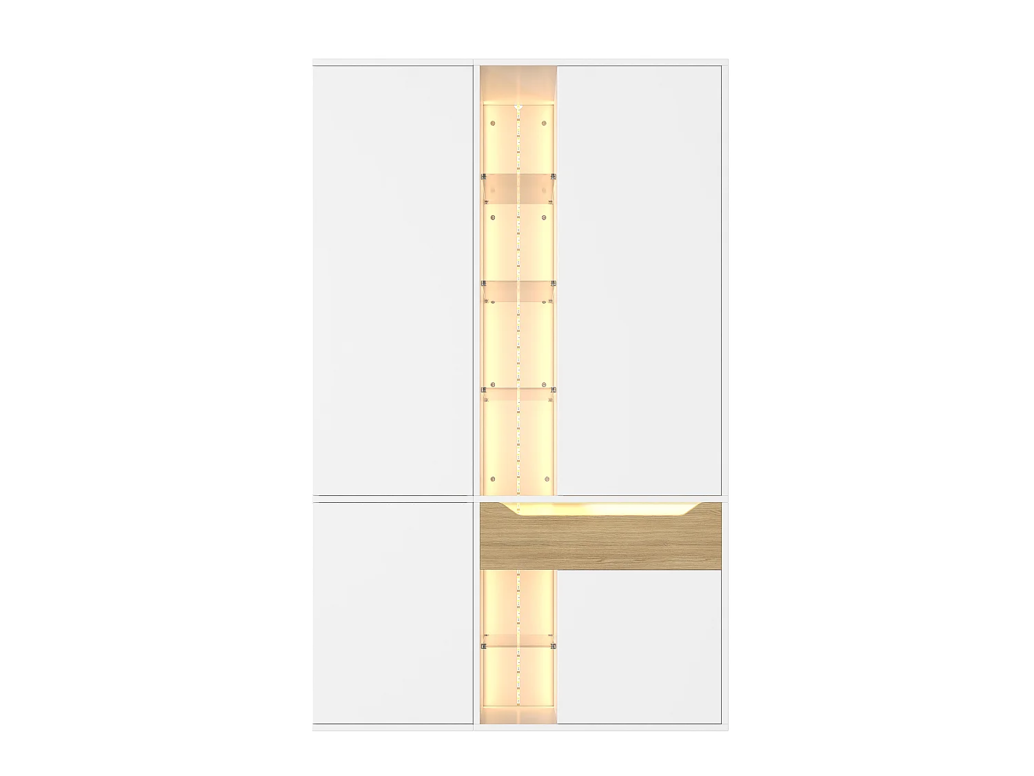 Szafa z witryną szklaną, oświetleniem LED, 1 drążkiem na ubrania, 1 szufladą, 6 otwartymi przegródkami i 4 drzwiami - MDF - 122 x 50 x 200 cm - biała