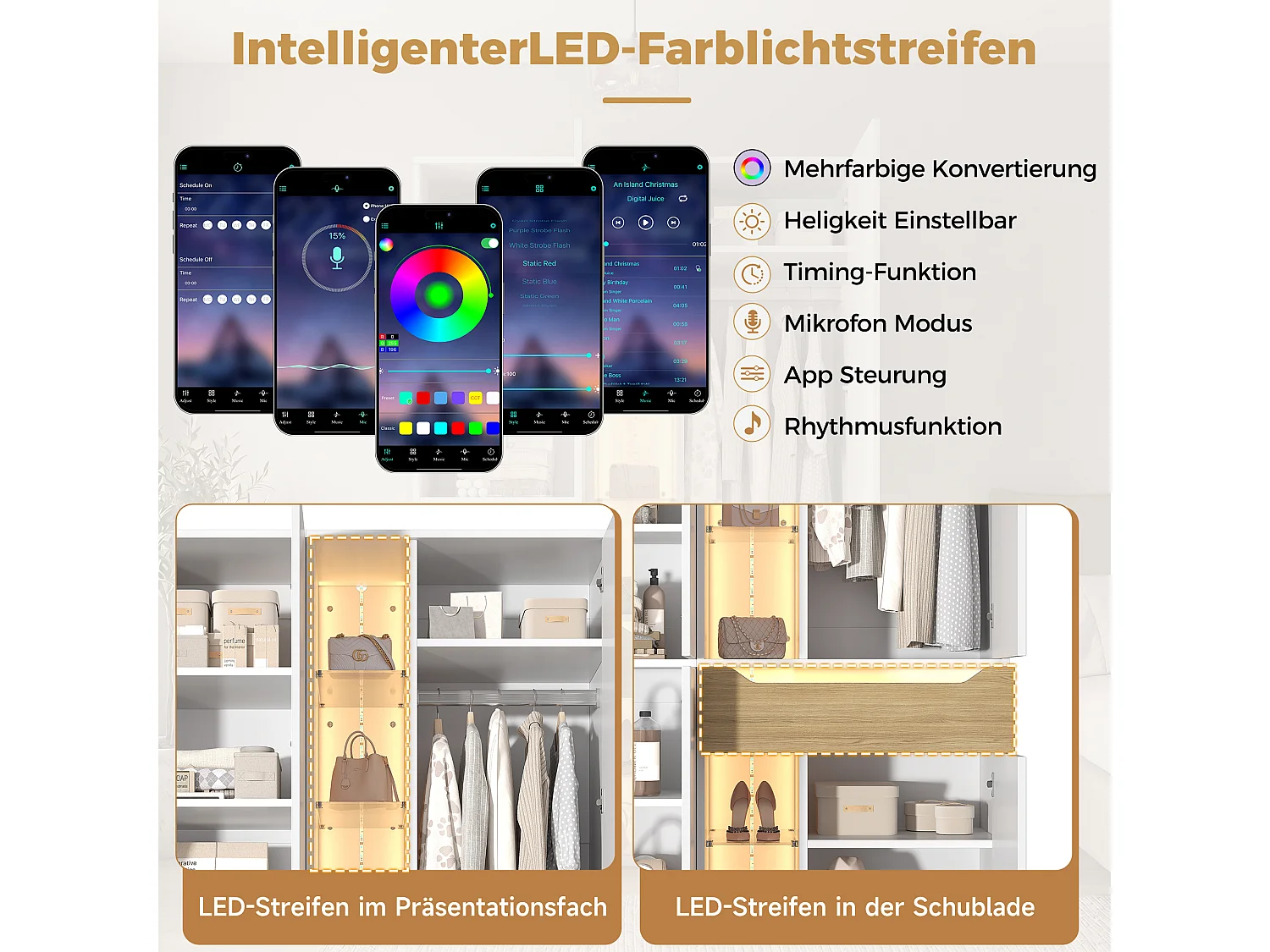 Szafa z witryną szklaną, oświetleniem LED, 1 drążkiem na ubrania, 1 szufladą, 6 otwartymi przegródkami i 4 drzwiami - MDF - 122 x 50 x 200 cm - biała