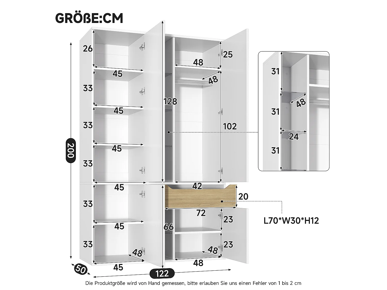 Szafa z witryną szklaną, oświetleniem LED, 1 drążkiem na ubrania, 1 szufladą, 6 otwartymi przegródkami i 4 drzwiami - MDF - 122 x 50 x 200 cm - biała