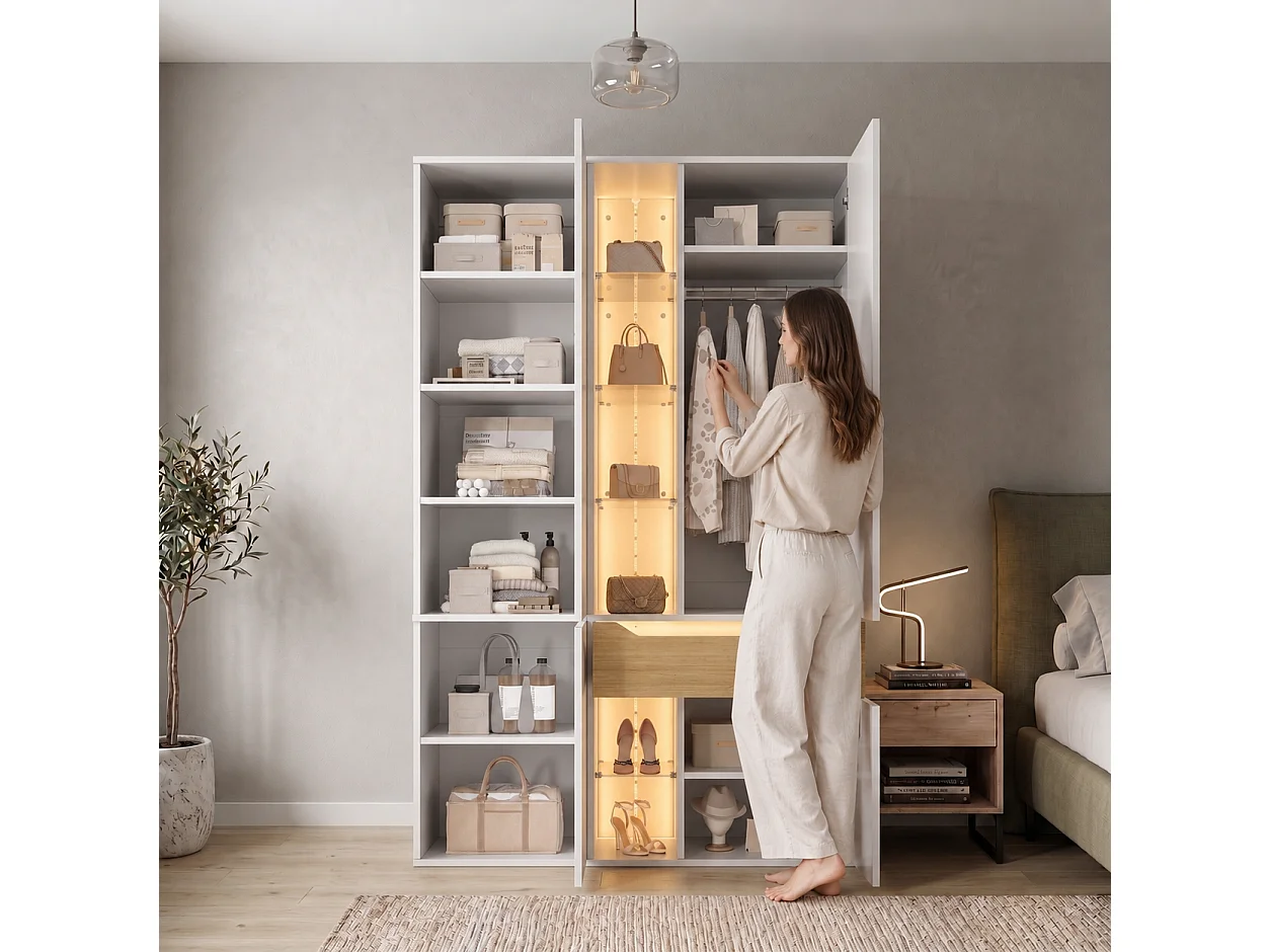 Szafa z witryną szklaną, oświetleniem LED, 1 drążkiem na ubrania, 1 szufladą, 6 otwartymi przegródkami i 4 drzwiami - MDF - 122 x 50 x 200 cm - biała