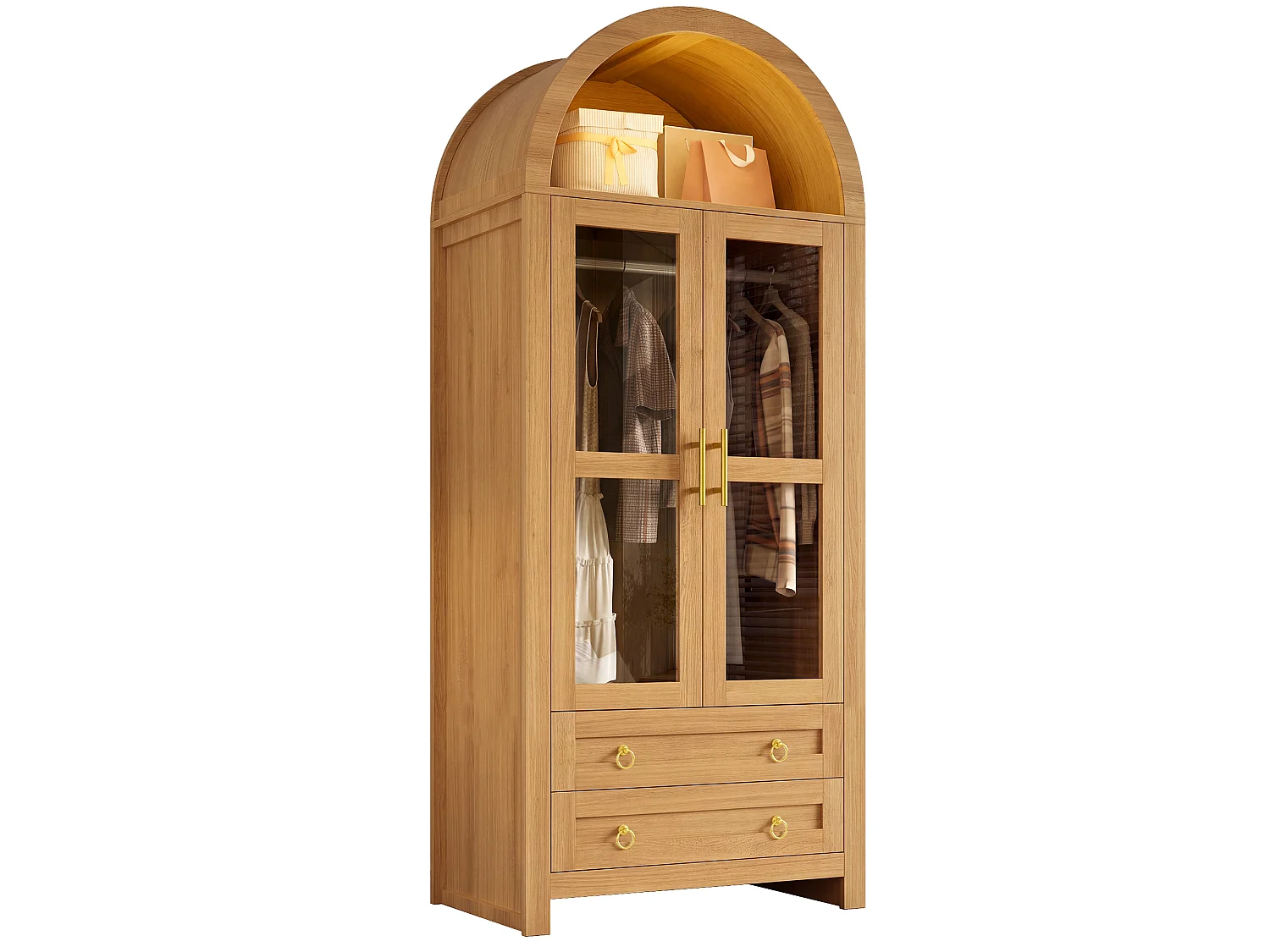 Armoire 2 portes vitrées cintrées, 1 penderie, 2 tiroirs et éclairage LED multicolore - MDF, panneaux de particules et verre - 76 x 50 x 185 cm - Chêne