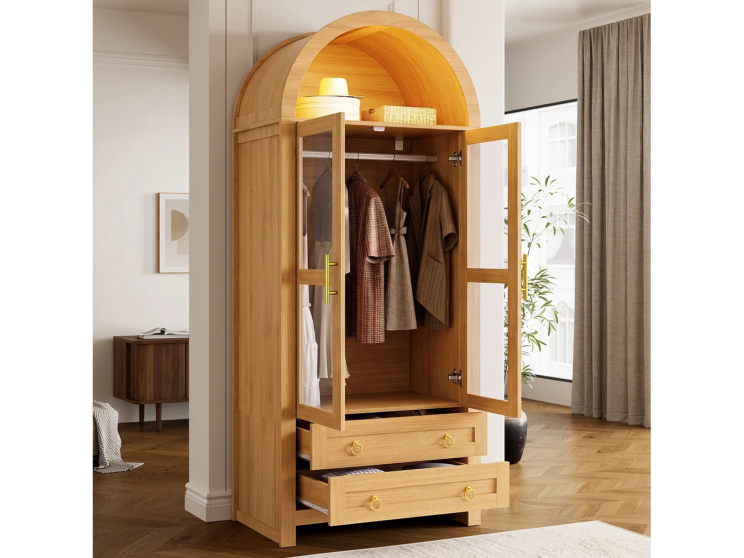 Armoire 2 portes vitrées cintrées, 1 penderie, 2 tiroirs et éclairage LED multicolore - MDF, panneaux de particules et verre - 76 x 50 x 185 cm - Chêne