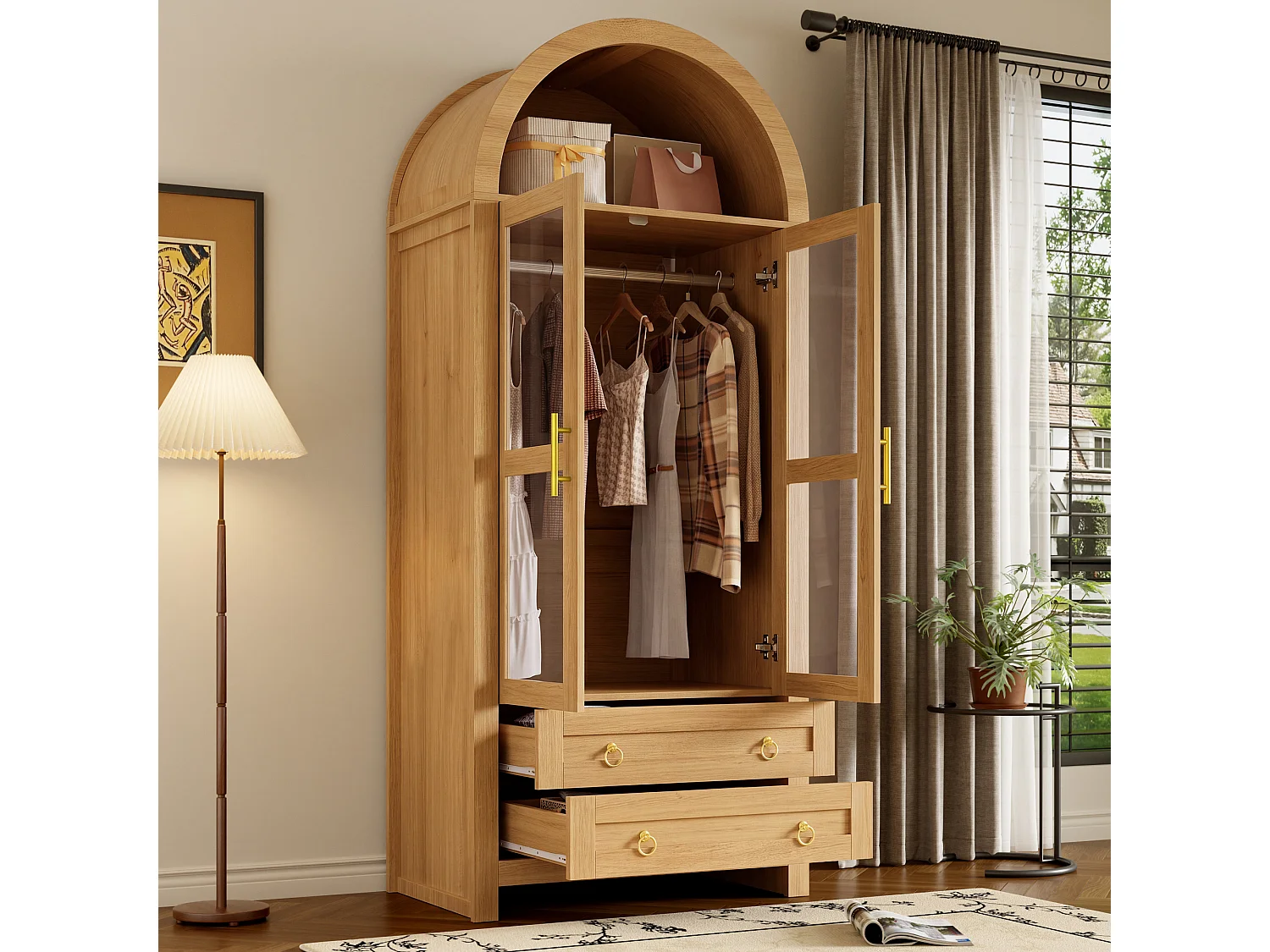 Armoire 2 portes vitrées cintrées, 1 penderie, 2 tiroirs et éclairage LED multicolore - MDF, panneaux de particules et verre - 76 x 50 x 185 cm - Chêne