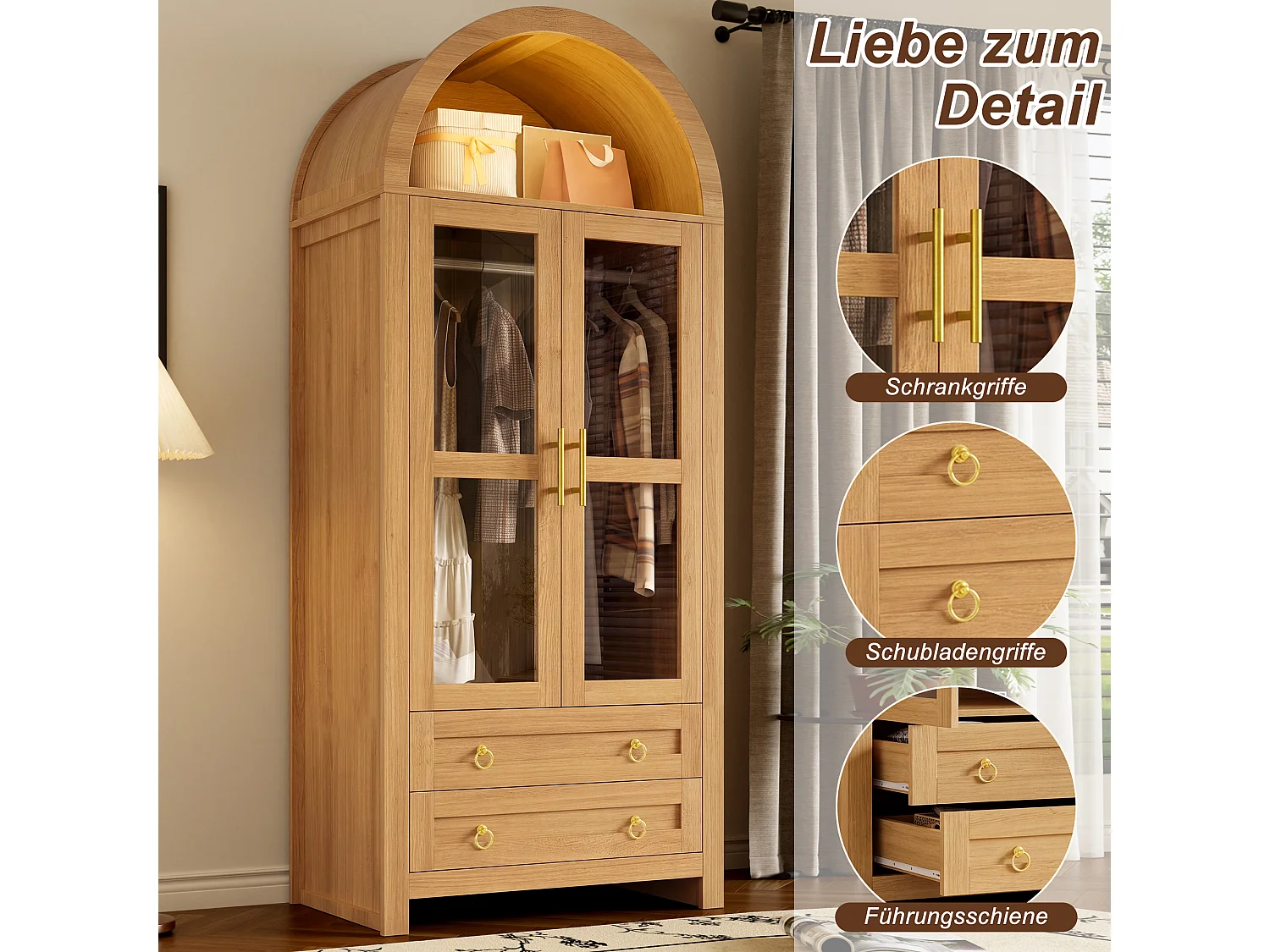 Armoire 2 portes vitrées cintrées, 1 penderie, 2 tiroirs et éclairage LED multicolore - MDF, panneaux de particules et verre - 76 x 50 x 185 cm - Chêne