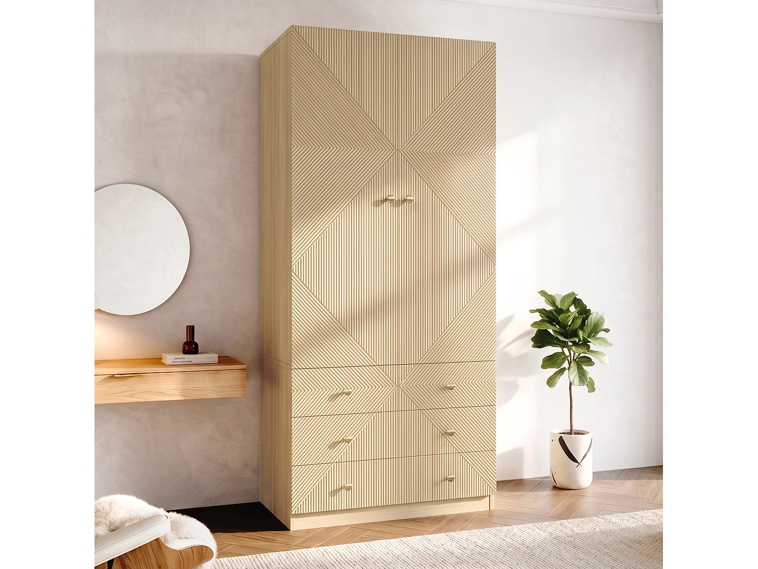 Garderob med 2 dörrar, klädskena och 6 lådor - MDF och stål - 90 x 48 x 200 cm - Ekfinish