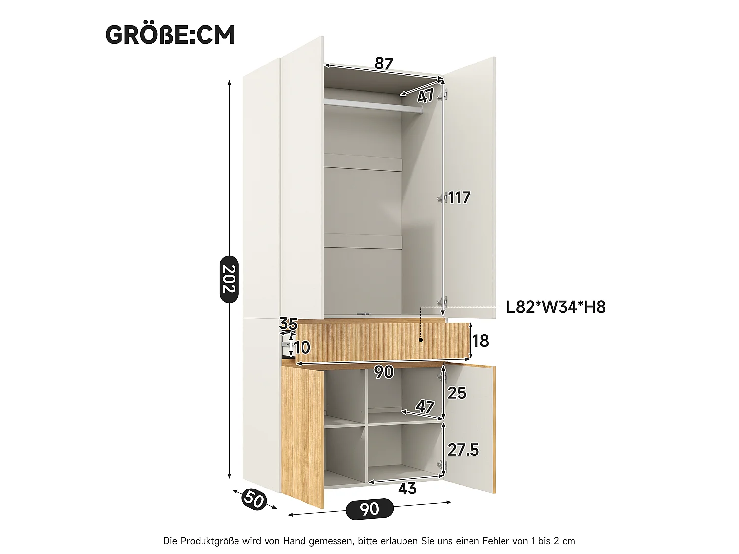 4-türiger Kleiderschrank mit Kleiderstange und 1 Schublade – MDF und Spanplatte – 90 x 50 x 200 cm – helle Eiche und Grau