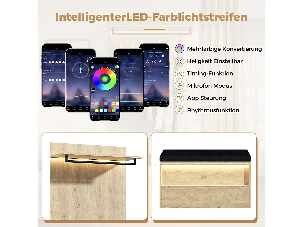 Kleiderschrank mit Spiegel, 6 Türen, 3 Kleiderstangen, 4 Schubladen und LED-Beleuchtung – MDF – 200 x 47 x 200 cm – Eiche und Anthrazit