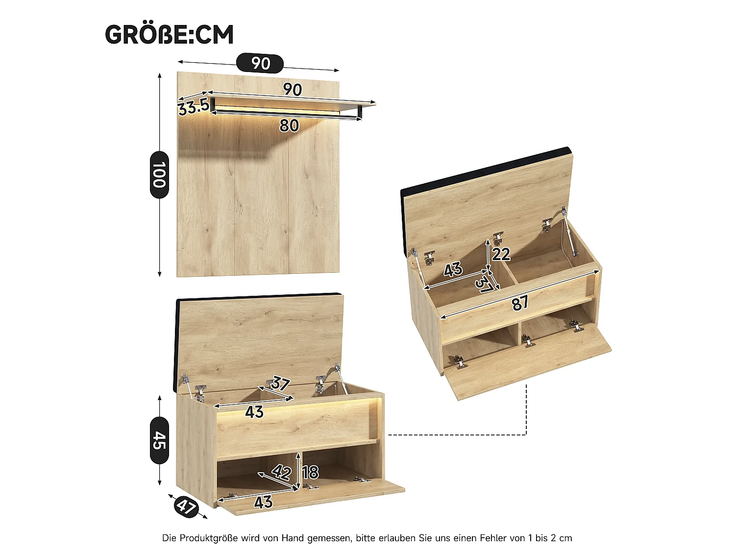 Kleiderschrank mit Spiegel, 6 Türen, 3 Kleiderstangen, 4 Schubladen und LED-Beleuchtung – MDF – 200 x 47 x 200 cm – Eiche und Anthrazit