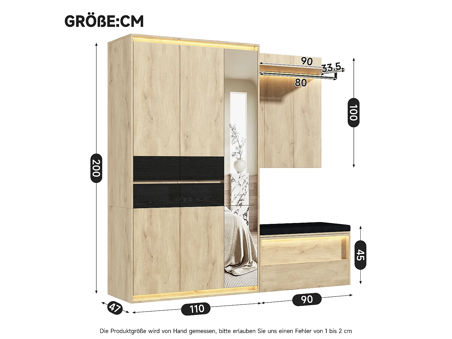Kleiderschrank mit Spiegel, 6 Türen, 3 Kleiderstangen, 4 Schubladen und LED-Beleuchtung – MDF – 200 x 47 x 200 cm – Eiche und Anthrazit