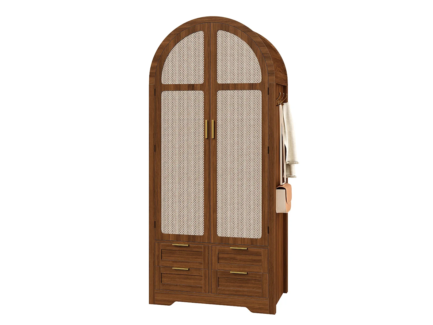 Gebogen kledingkast met 2 deuren en rotanlook, 1 kledingstang, planken en 4 lades - MDF - 80 x 50 x 180 cm - Walnoot
