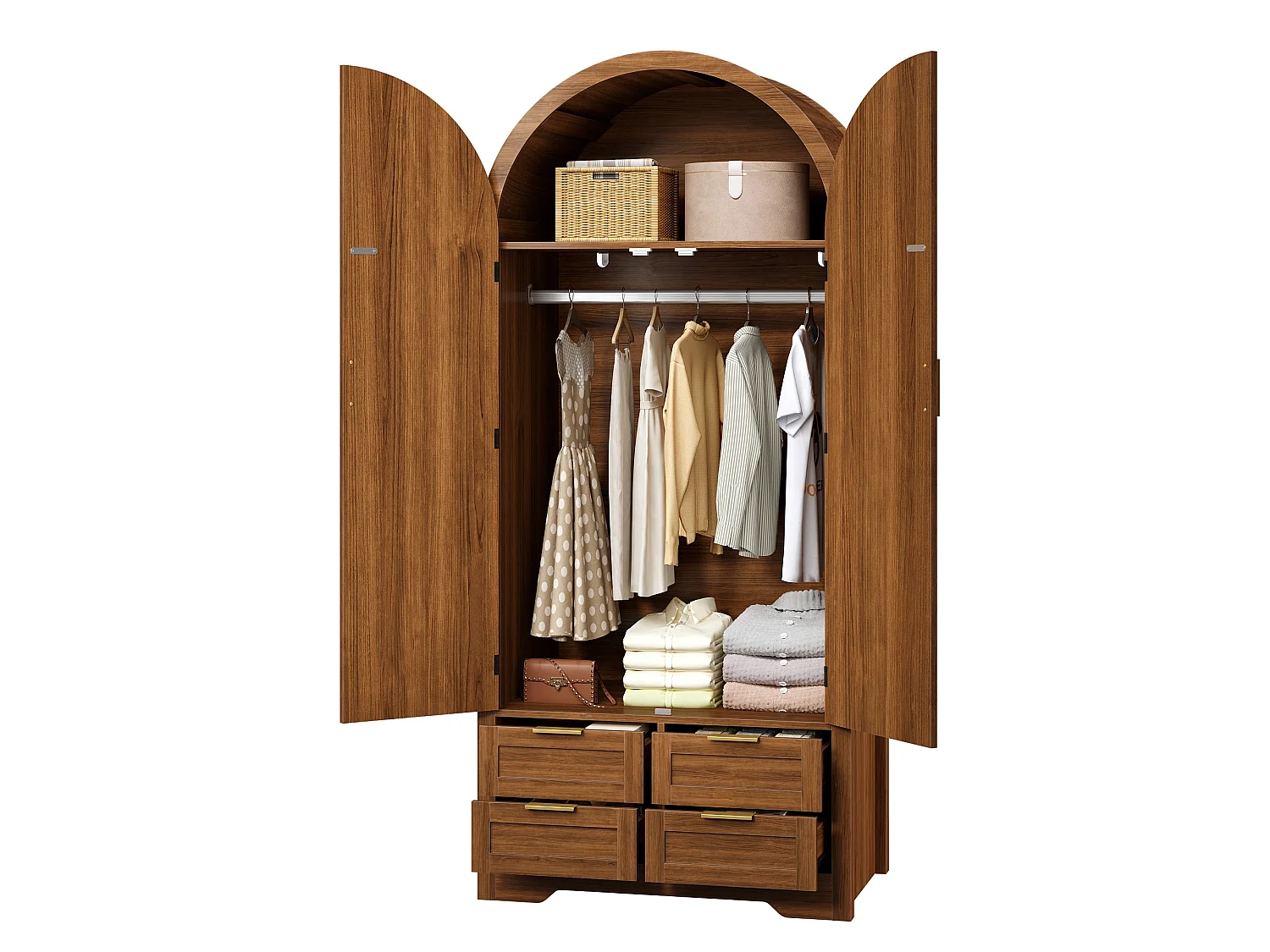 Gebogen kledingkast met 2 deuren en rotanlook, 1 kledingstang, planken en 4 lades - MDF - 80 x 50 x 180 cm - Walnoot
