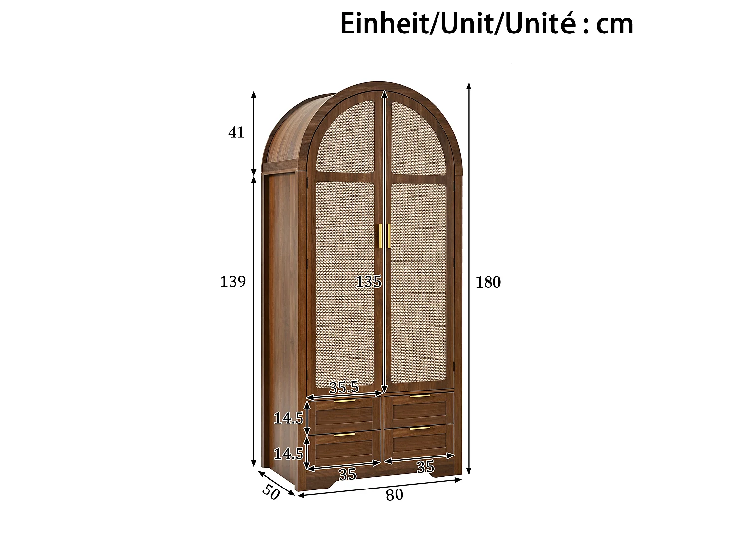 Gebogen kledingkast met 2 deuren en rotanlook, 1 kledingstang, planken en 4 lades - MDF - 80 x 50 x 180 cm - Walnoot