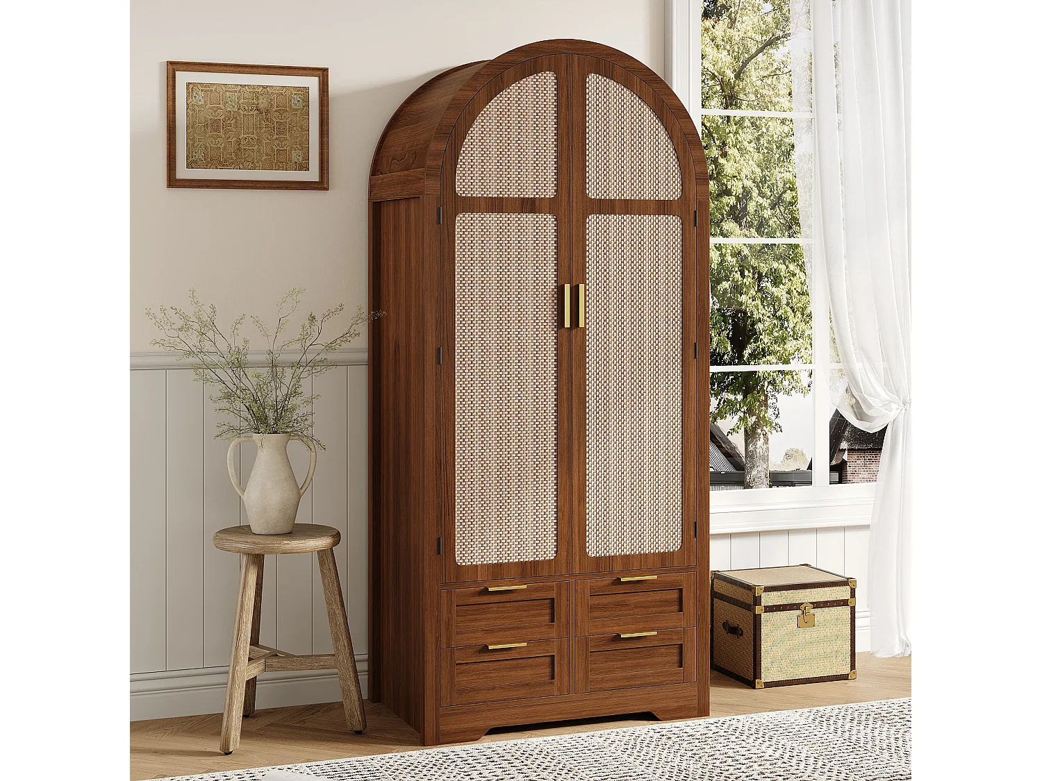 Gebogen kledingkast met 2 deuren en rotanlook, 1 kledingstang, planken en 4 lades - MDF - 80 x 50 x 180 cm - Walnoot