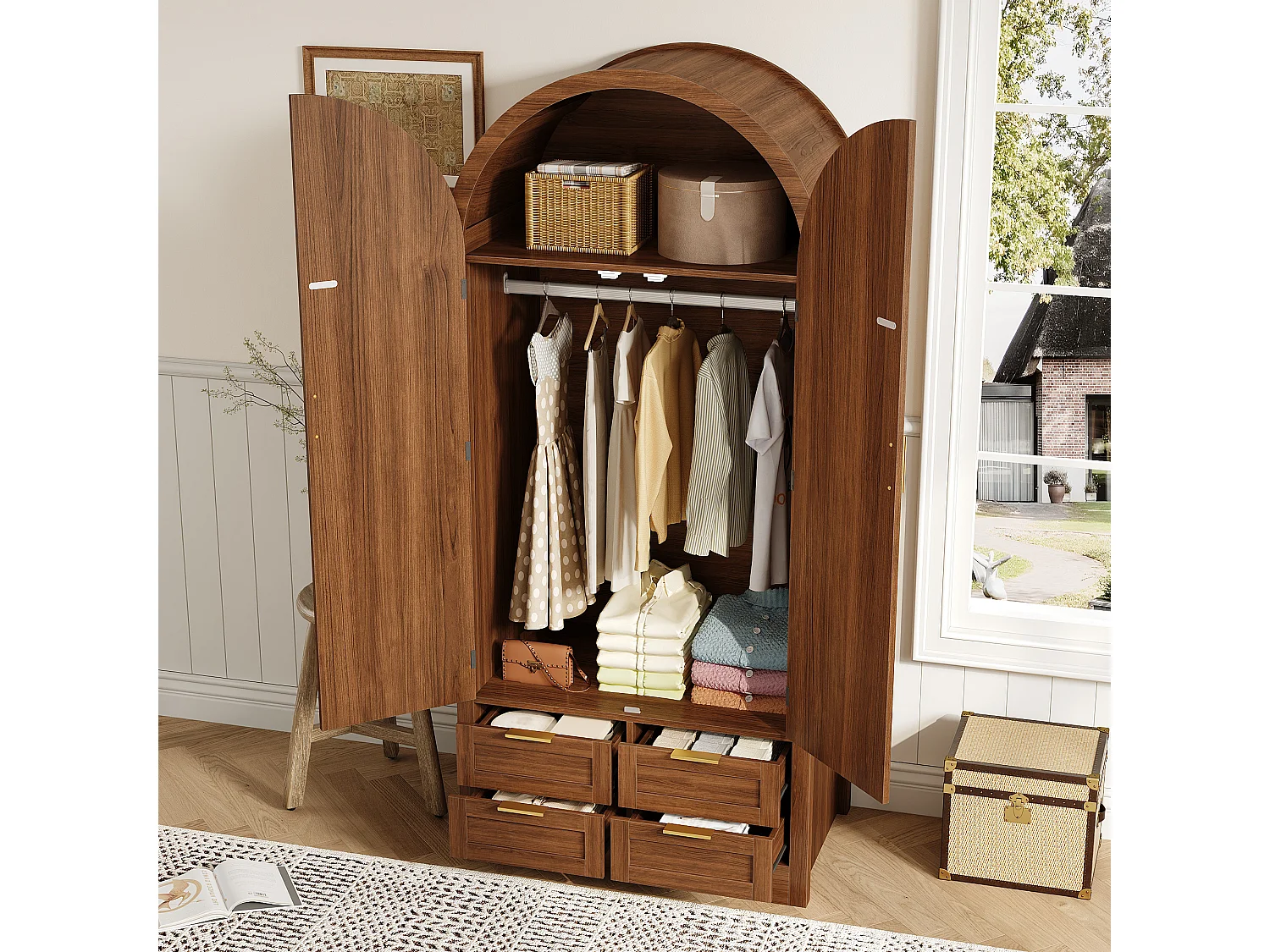 Gebogen kledingkast met 2 deuren en rotanlook, 1 kledingstang, planken en 4 lades - MDF - 80 x 50 x 180 cm - Walnoot