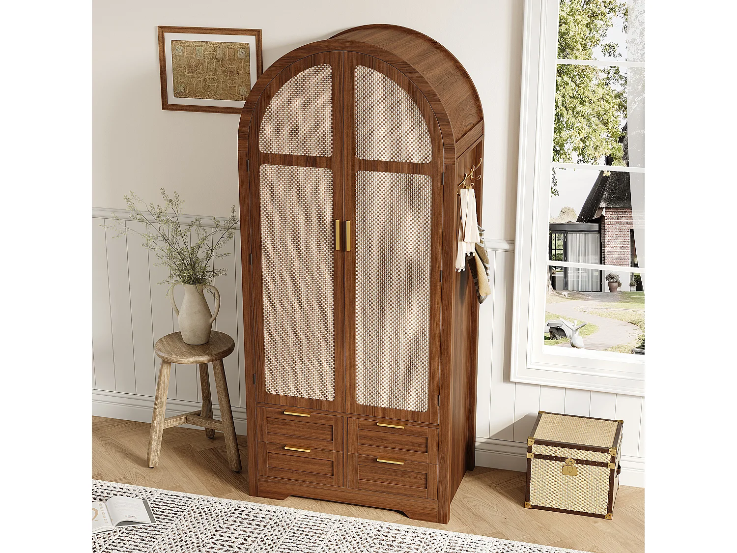 Gebogen kledingkast met 2 deuren en rotanlook, 1 kledingstang, planken en 4 lades - MDF - 80 x 50 x 180 cm - Walnoot