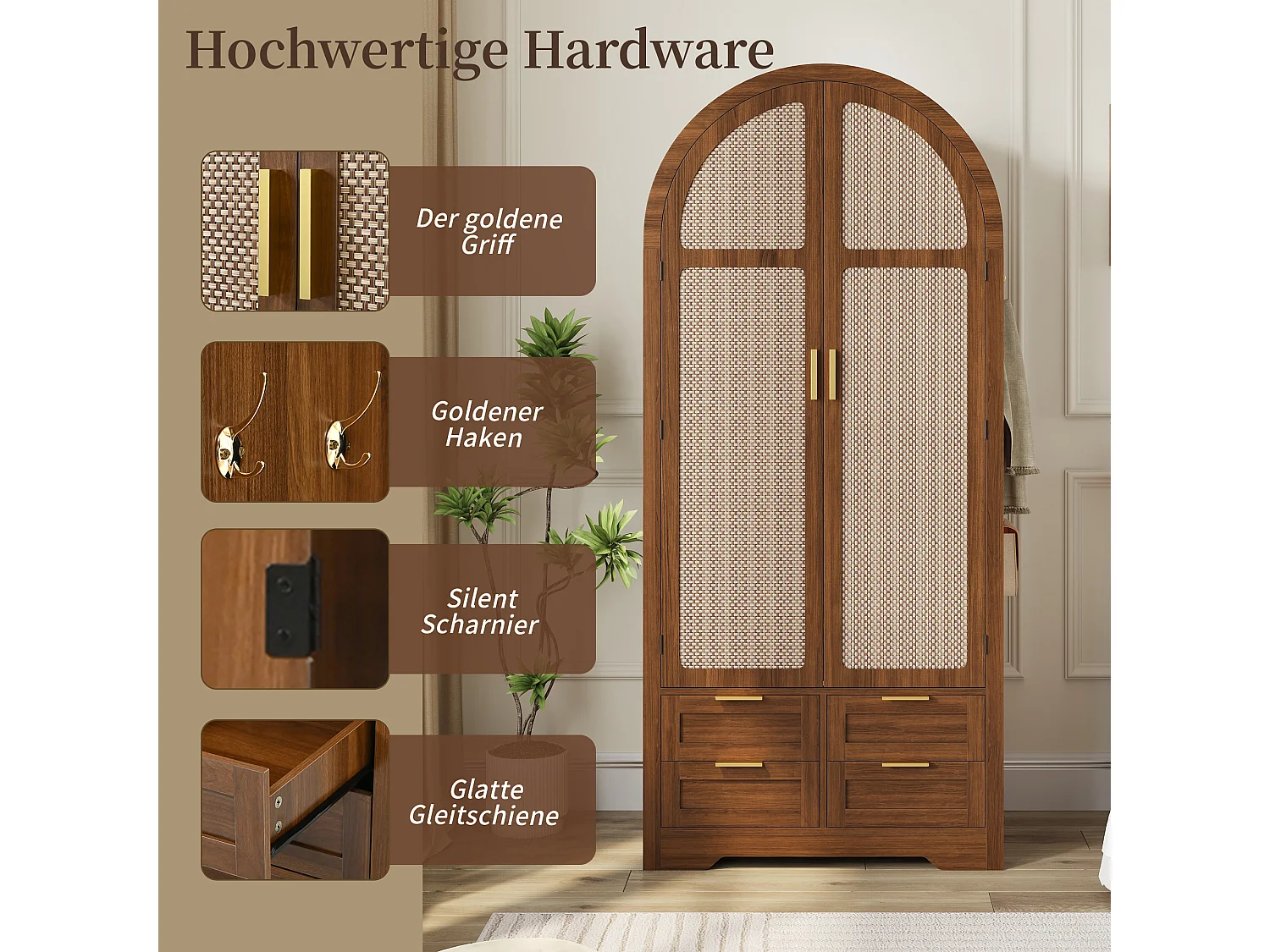 Gebogen kledingkast met 2 deuren en rotanlook, 1 kledingstang, planken en 4 lades - MDF - 80 x 50 x 180 cm - Walnoot
