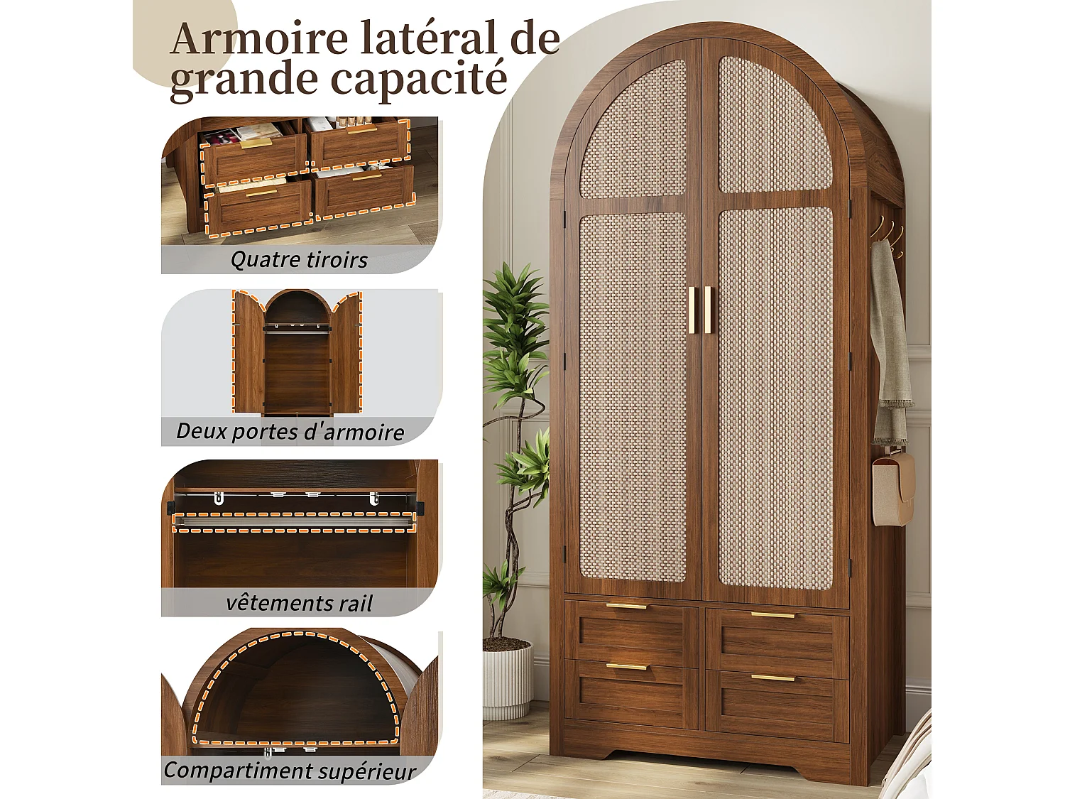 Gebogen kledingkast met 2 deuren en rotanlook, 1 kledingstang, planken en 4 lades - MDF - 80 x 50 x 180 cm - Walnoot
