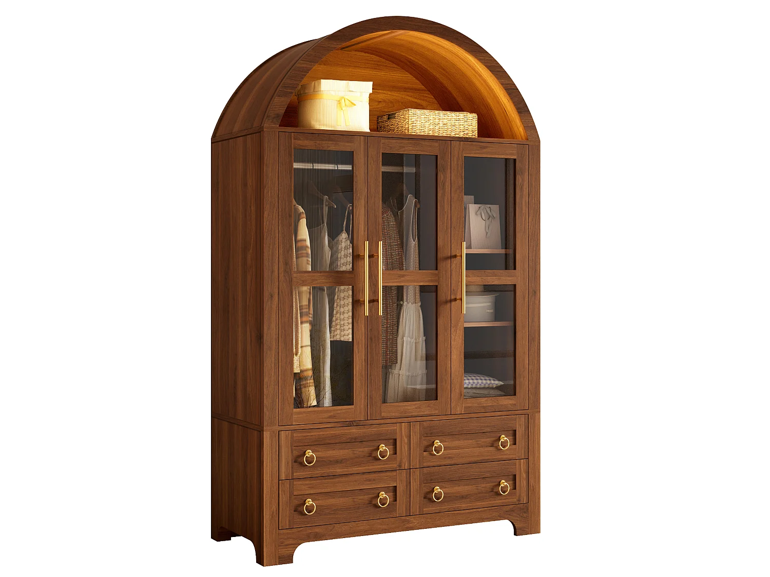 Vitrinekast met 3 deuren en glazen front, kledingstang, 4 lades en app-gestuurde ledverlichting - Spaanplaat en MDF - 110 x 50 x 186 cm - Walnoot
