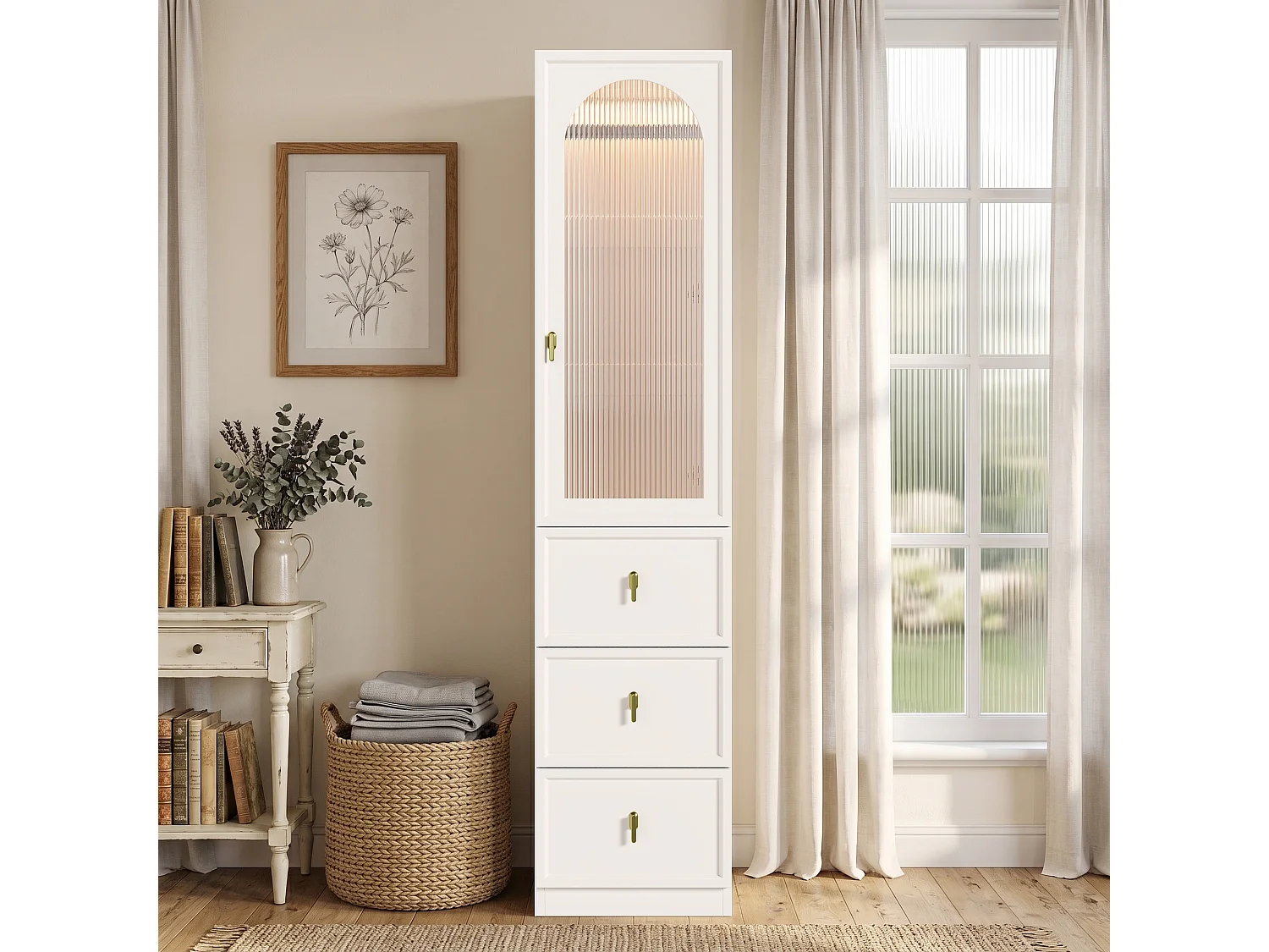 Kleiderschrank mit einer Tür, Kleiderstange, 3 Schubladen und LED-Beleuchtung – MDF – 45 x 48 x 200 cm – Weiß