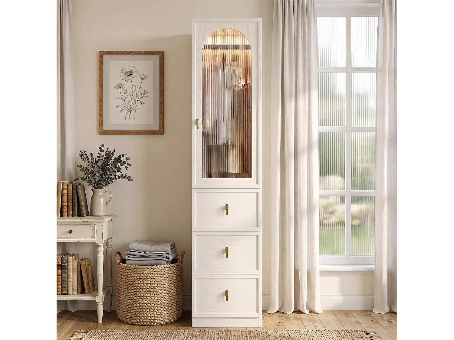 Kleiderschrank mit einer Tür, Kleiderstange, 3 Schubladen und LED-Beleuchtung – MDF – 45 x 48 x 200 cm – Weiß