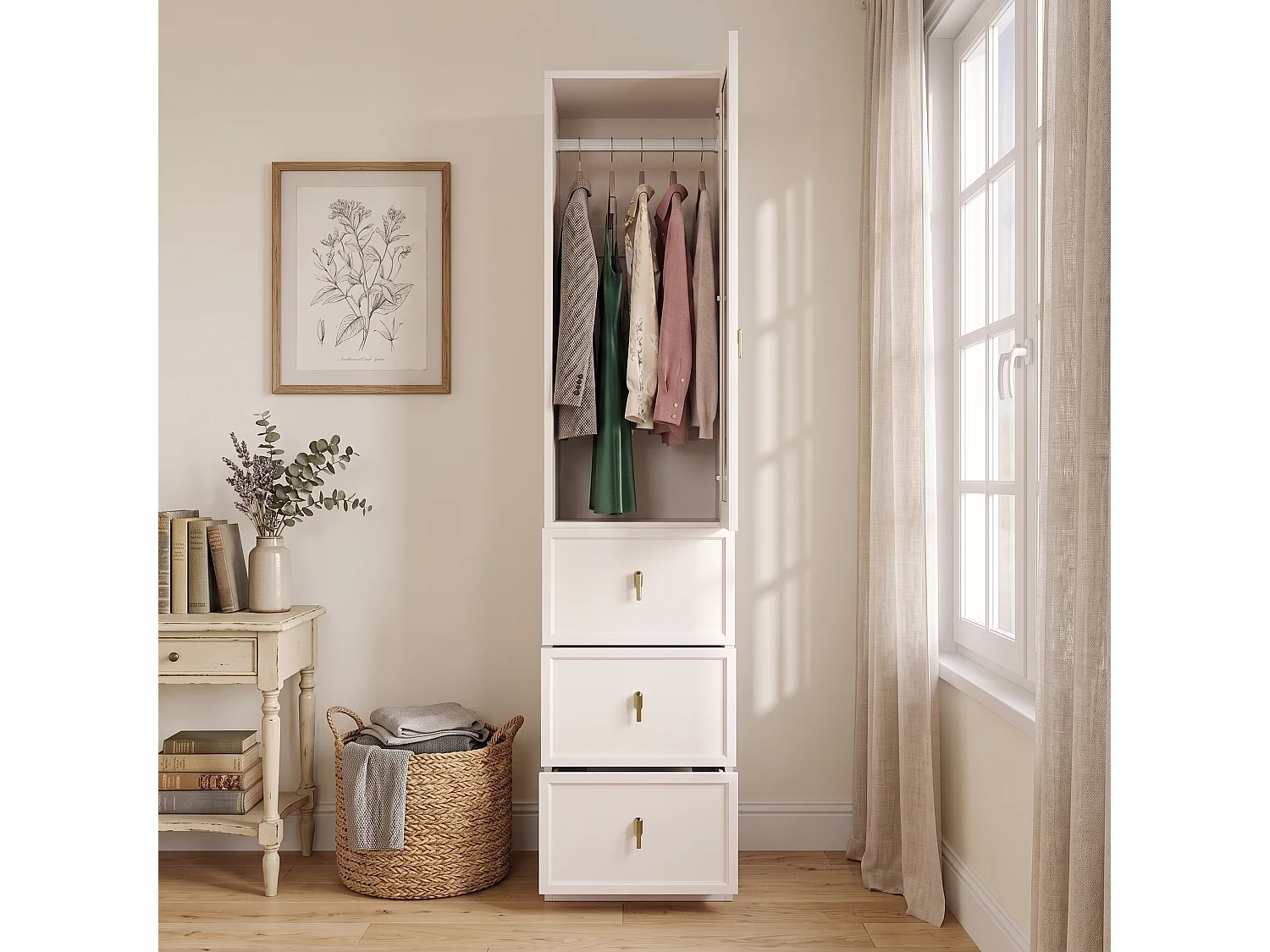 Kleiderschrank mit einer Tür, Kleiderstange, 3 Schubladen und LED-Beleuchtung – MDF – 45 x 48 x 200 cm – Weiß