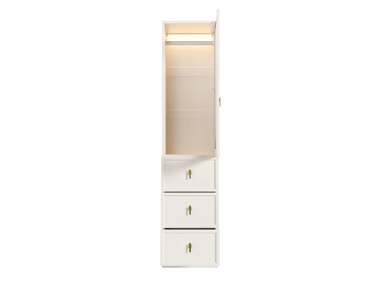 Kleiderschrank mit einer Tür, Kleiderstange, 3 Schubladen und LED-Beleuchtung – MDF – 45 x 48 x 200 cm – Weiß