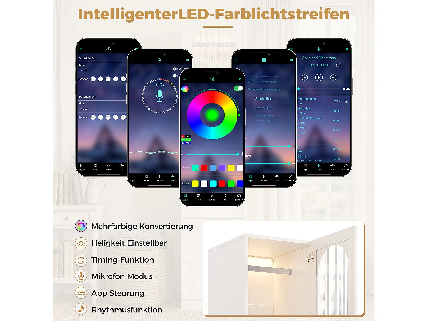 Kleiderschrank mit einer Tür, Kleiderstange, 3 Schubladen und LED-Beleuchtung – MDF – 45 x 48 x 200 cm – Weiß