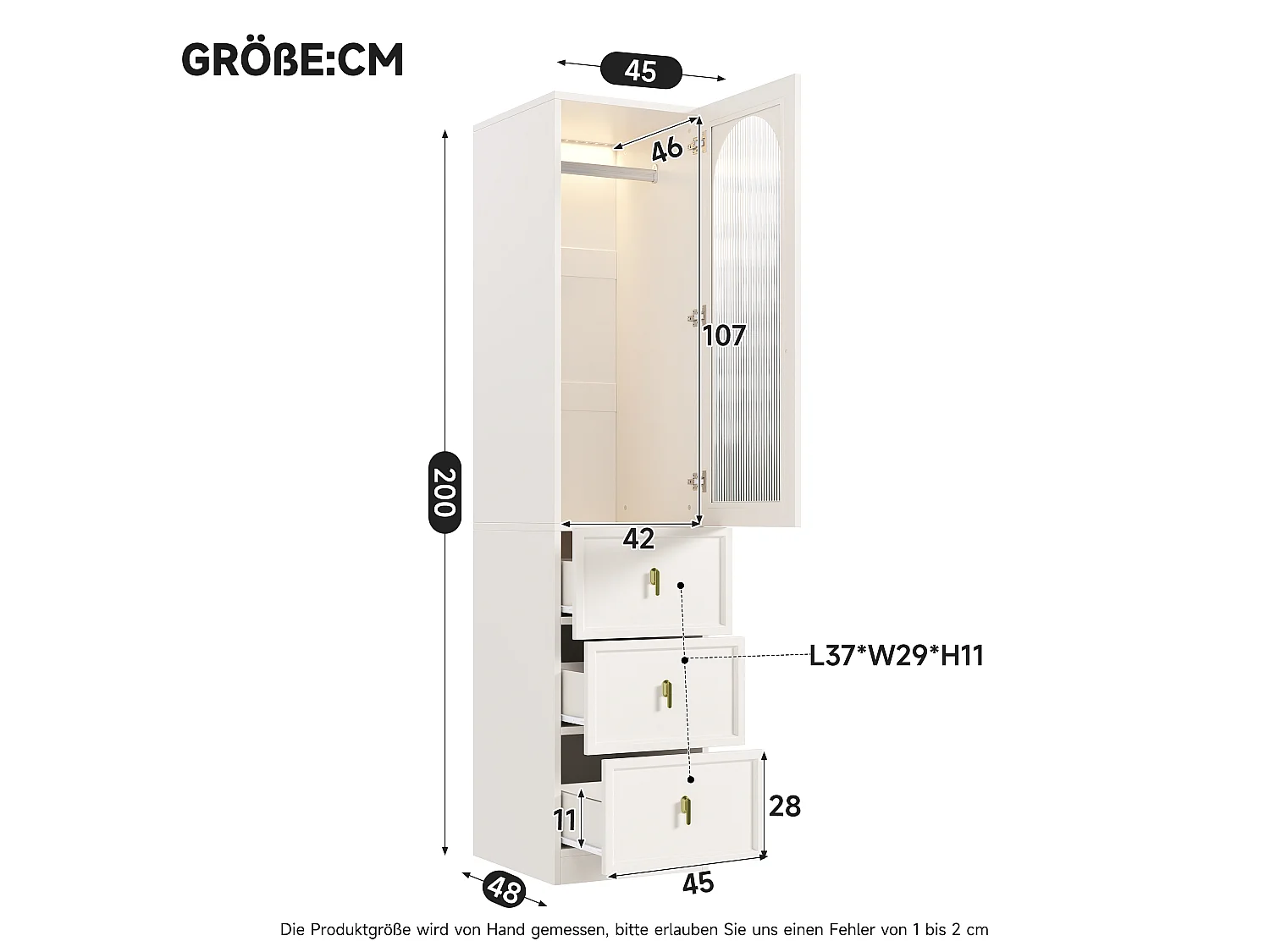 Kleiderschrank mit einer Tür, Kleiderstange, 3 Schubladen und LED-Beleuchtung – MDF – 45 x 48 x 200 cm – Weiß