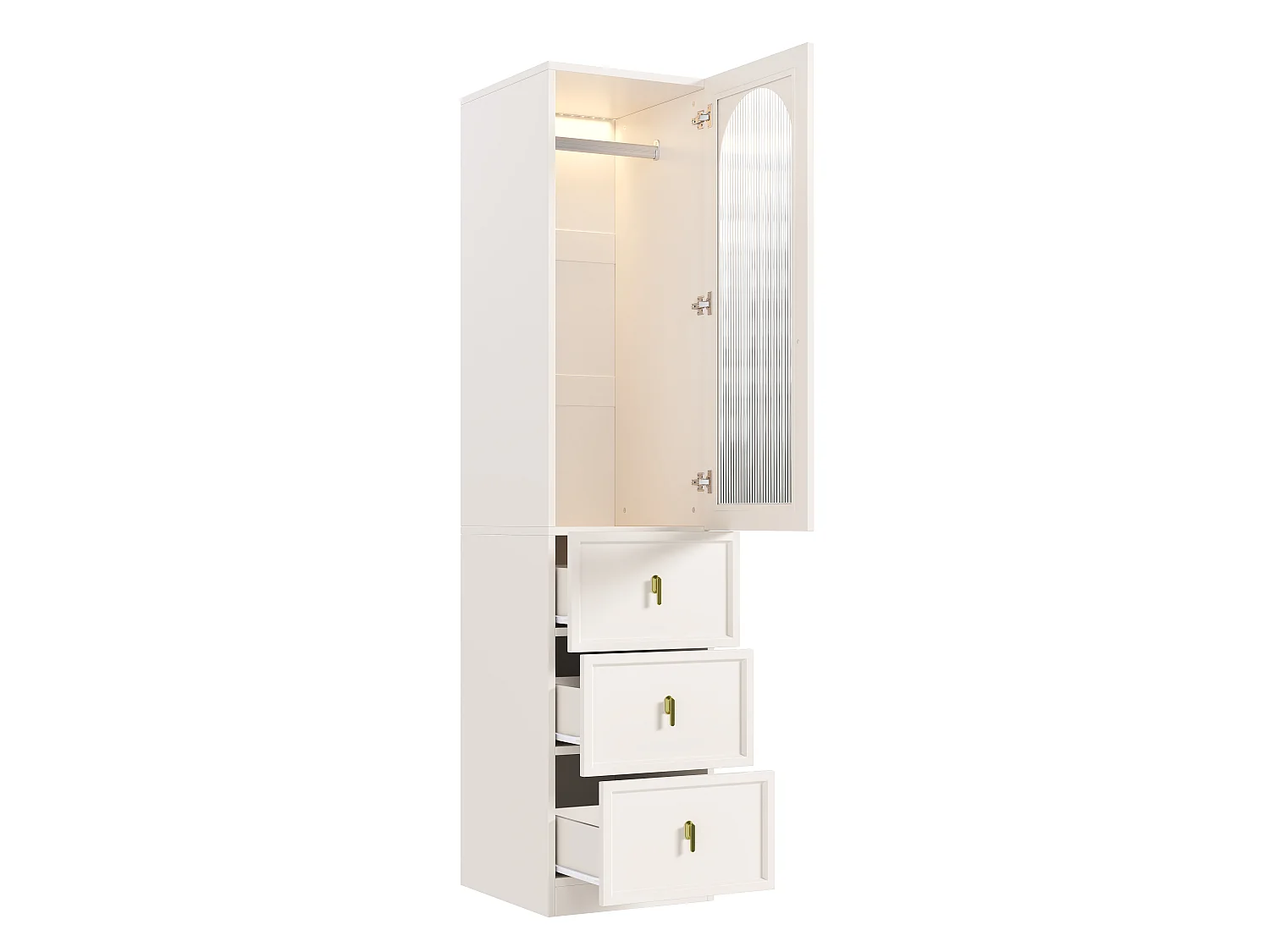 Kleiderschrank mit einer Tür, Kleiderstange, 3 Schubladen und LED-Beleuchtung – MDF – 45 x 48 x 200 cm – Weiß
