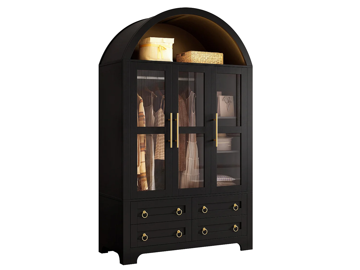 Dreitürige Vitrine mit Glasfront, Kleiderstange, vier Schubladen und per App steuerbarer LED-Beleuchtung – Spanplatte und MDF – 110 x 50 x 186 cm – Schwarz