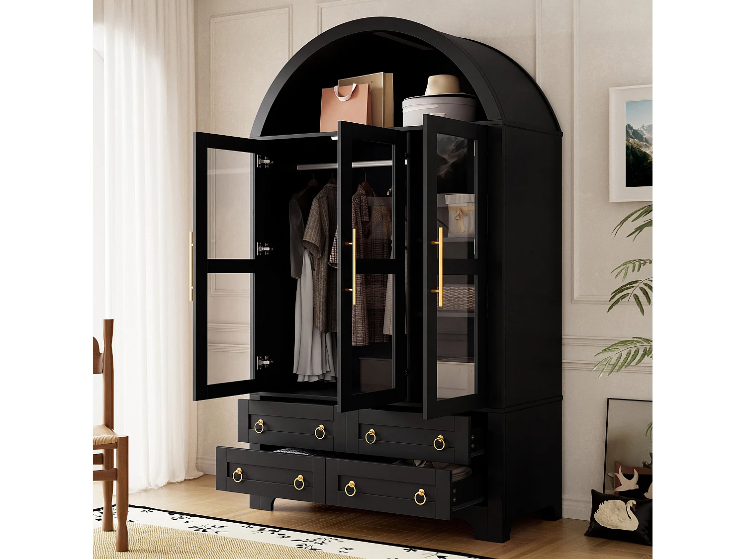 Dreitürige Vitrine mit Glasfront, Kleiderstange, vier Schubladen und per App steuerbarer LED-Beleuchtung – Spanplatte und MDF – 110 x 50 x 186 cm – Schwarz