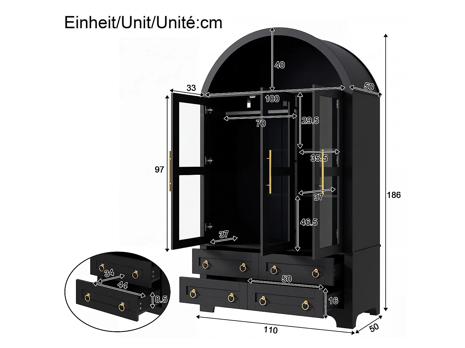 Dreitürige Vitrine mit Glasfront, Kleiderstange, vier Schubladen und per App steuerbarer LED-Beleuchtung – Spanplatte und MDF – 110 x 50 x 186 cm – Schwarz