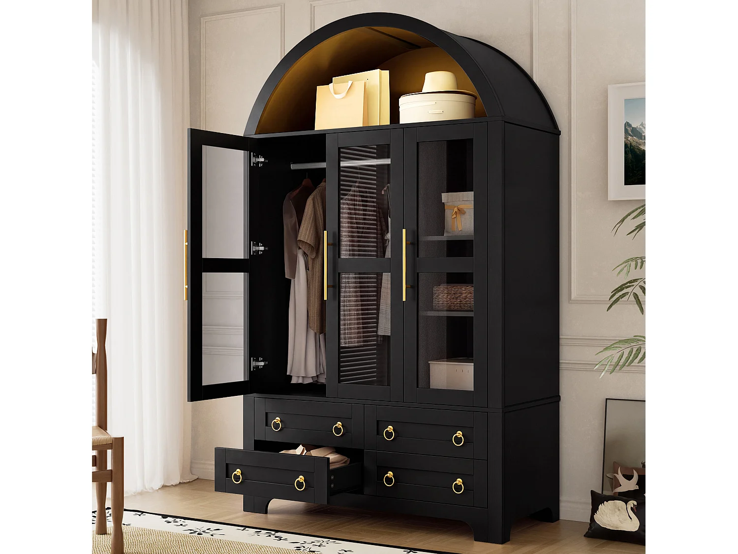 Dreitürige Vitrine mit Glasfront, Kleiderstange, vier Schubladen und per App steuerbarer LED-Beleuchtung – Spanplatte und MDF – 110 x 50 x 186 cm – Schwarz