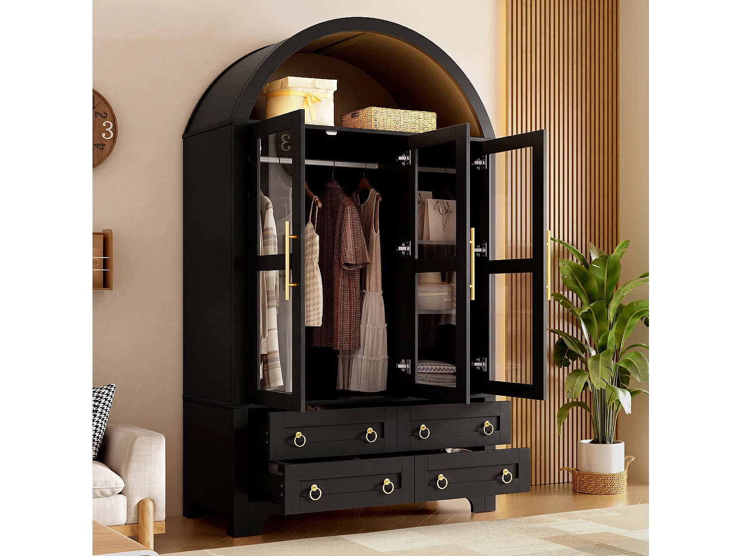 Dreitürige Vitrine mit Glasfront, Kleiderstange, vier Schubladen und per App steuerbarer LED-Beleuchtung – Spanplatte und MDF – 110 x 50 x 186 cm – Schwarz
