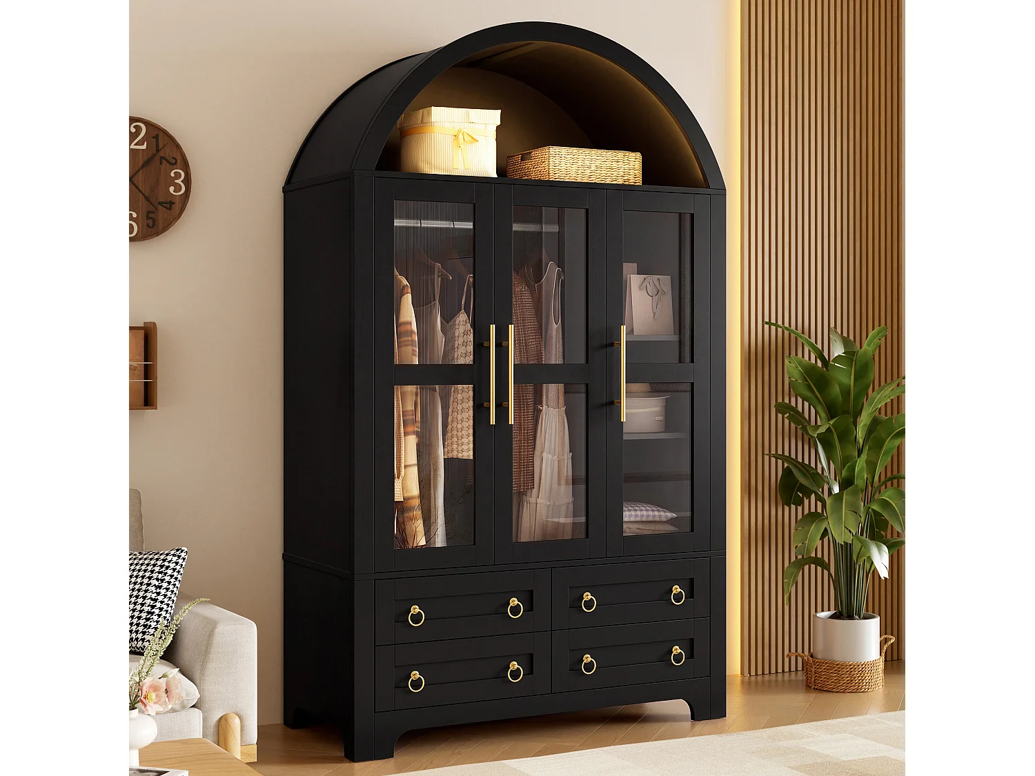 Dreitürige Vitrine mit Glasfront, Kleiderstange, vier Schubladen und per App steuerbarer LED-Beleuchtung – Spanplatte und MDF – 110 x 50 x 186 cm – Schwarz