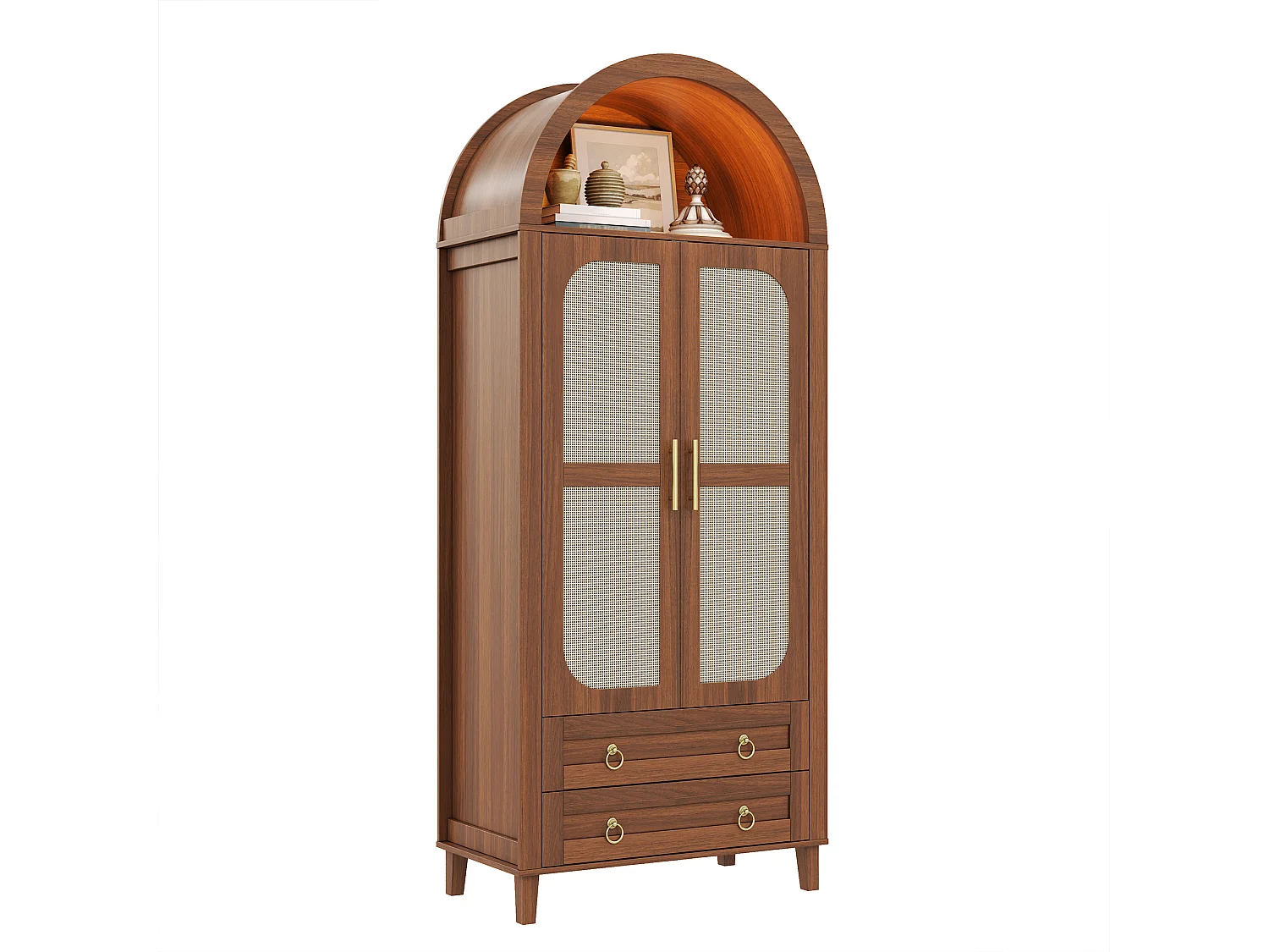 Kledingkast met 2 deuren in rotanlook, 2 lades, kledingstang en ledverlichting - MDF en spaanplaat - 76 x 50 x 184 cm - Walnoot