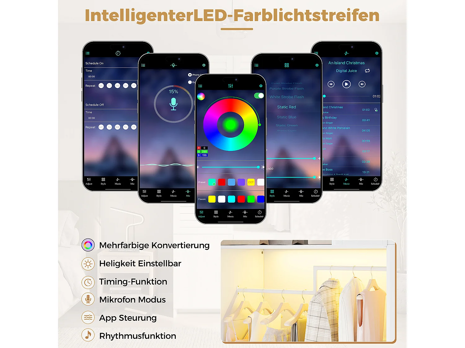 Kleiderschrank mit 7 Türen, Wäschekorb, 2 Kleiderstangen, 6 Schubladen und LED-Beleuchtung – Spanplatte – 180 x 50 x 200 cm – weiß
