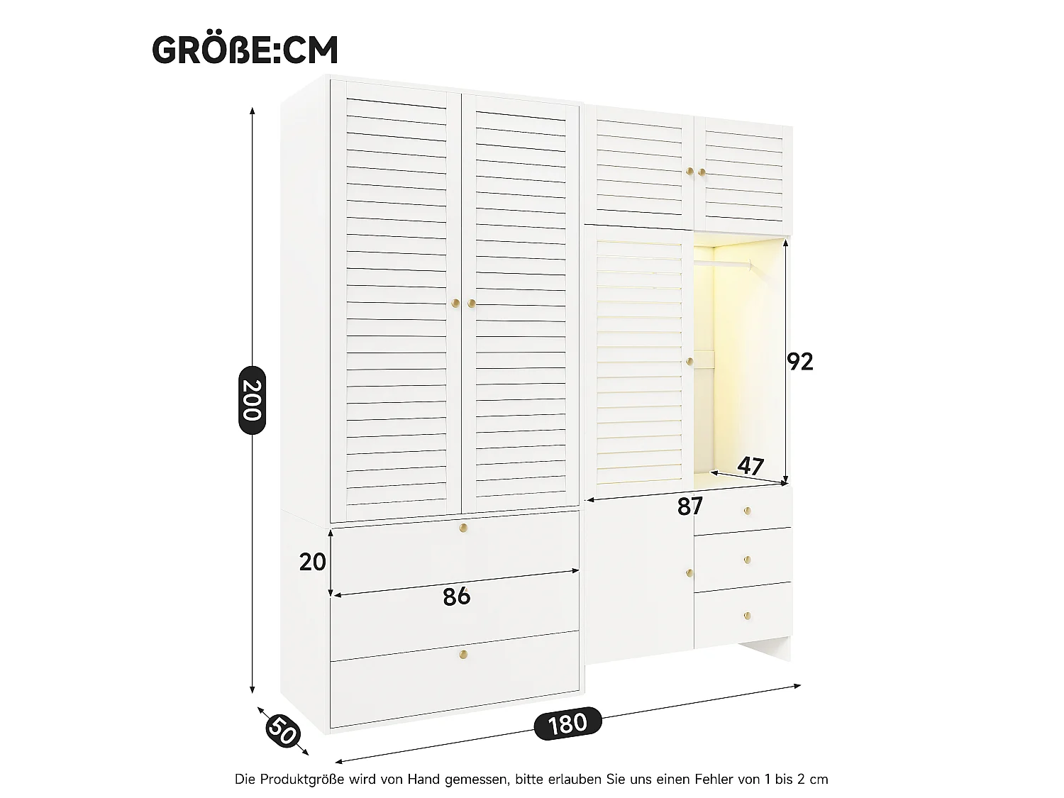 Kleiderschrank mit 7 Türen, Wäschekorb, 2 Kleiderstangen, 6 Schubladen und LED-Beleuchtung – Spanplatte – 180 x 50 x 200 cm – weiß
