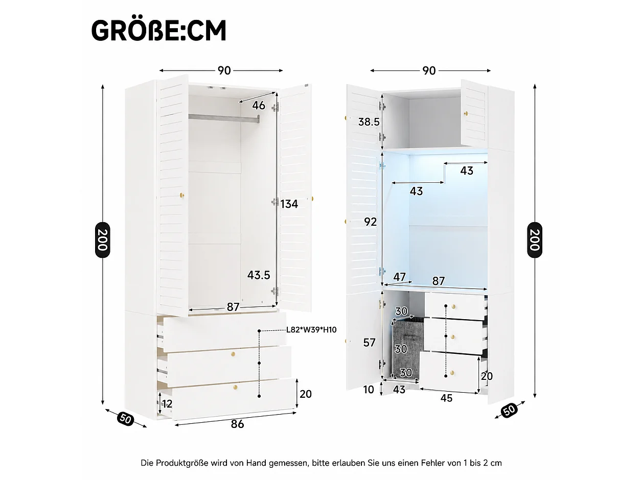 Kleiderschrank mit 7 Türen, Wäschekorb, 2 Kleiderstangen, 6 Schubladen und LED-Beleuchtung – Spanplatte – 180 x 50 x 200 cm – weiß
