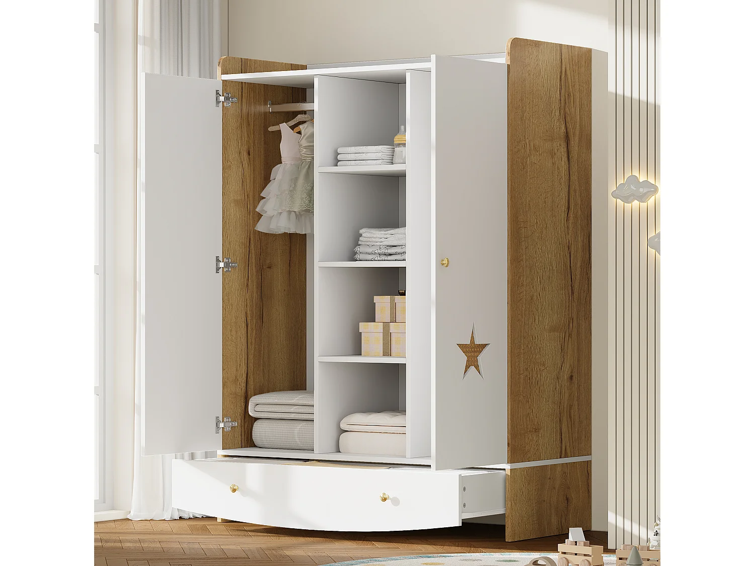 Armoire enfant 2 portes, 2 tringles, 4 niches ouvertes et 1 tiroir, aspect rotin - MDF - 120 x 50 x 160 cm - Blanc et bois