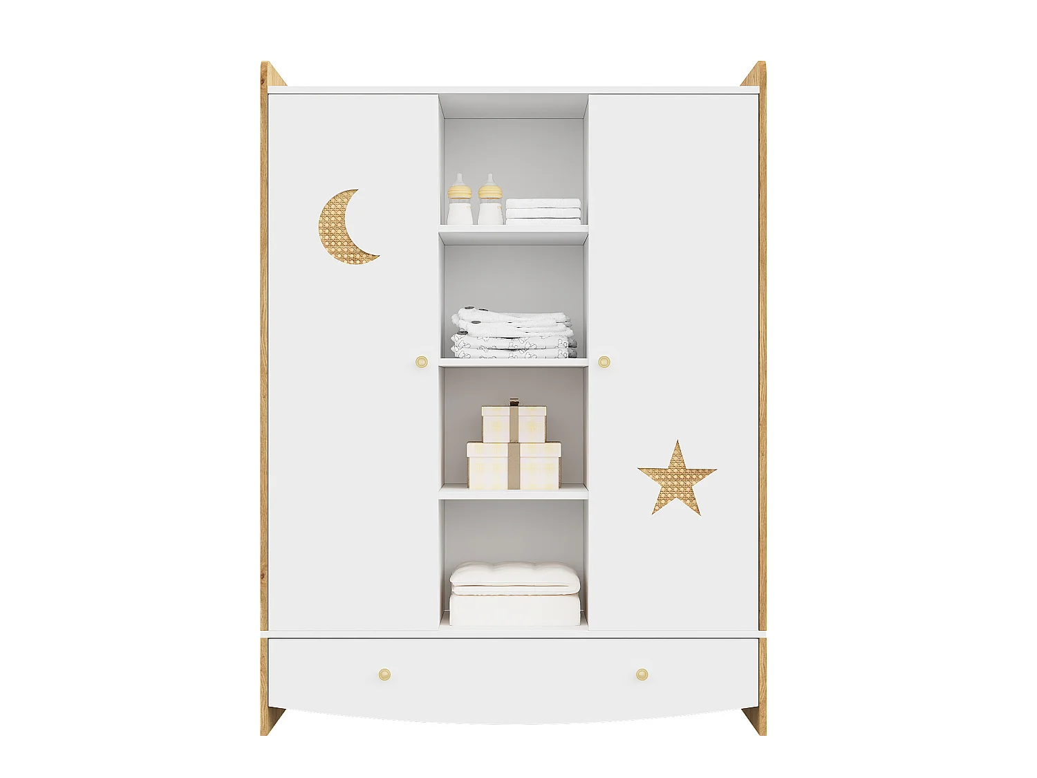 Armoire enfant 2 portes, 2 tringles, 4 niches ouvertes et 1 tiroir, aspect rotin - MDF - 120 x 50 x 160 cm - Blanc et bois