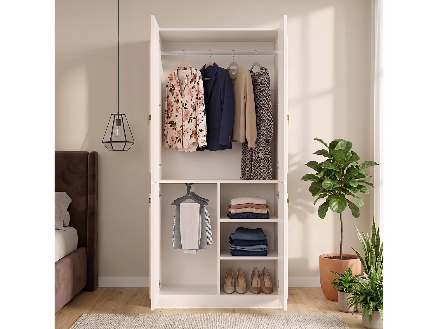 Kleiderschrank mit 2 Kleiderstangen und 3 Einlegeböden – MDF – 90 x 48 x 200 cm – Weiß