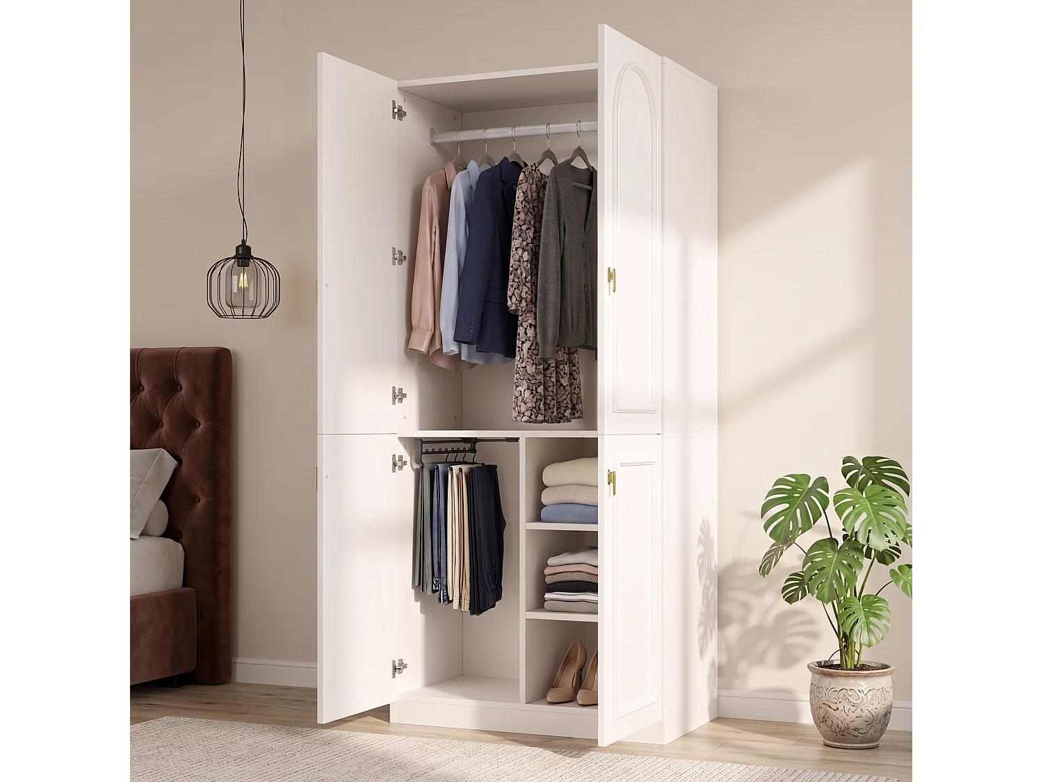 Kleiderschrank mit 2 Kleiderstangen und 3 Einlegeböden – MDF – 90 x 48 x 200 cm – Weiß