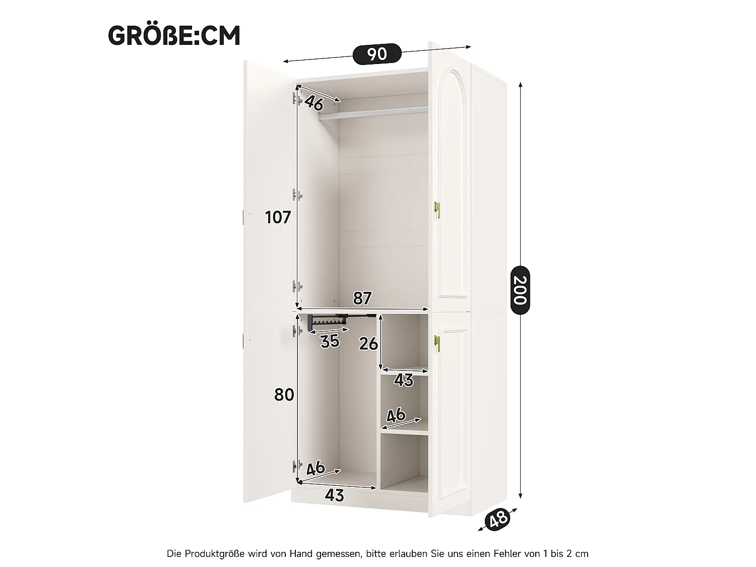 Kleiderschrank mit 2 Kleiderstangen und 3 Einlegeböden – MDF – 90 x 48 x 200 cm – Weiß