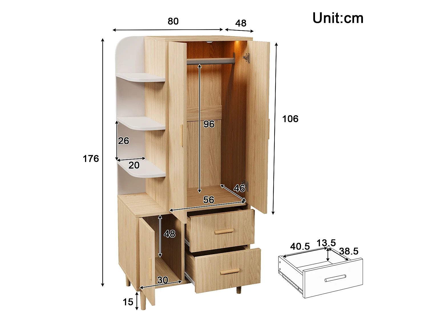 Szafa 3-drzwiowa, oświetlenie LED z czujnikiem ruchu, 1 drążek na ubrania, 2 szuflady i półki – płyta MDF i wiórowa – 80 x 48 x 176 cm – kolor biały i dąb