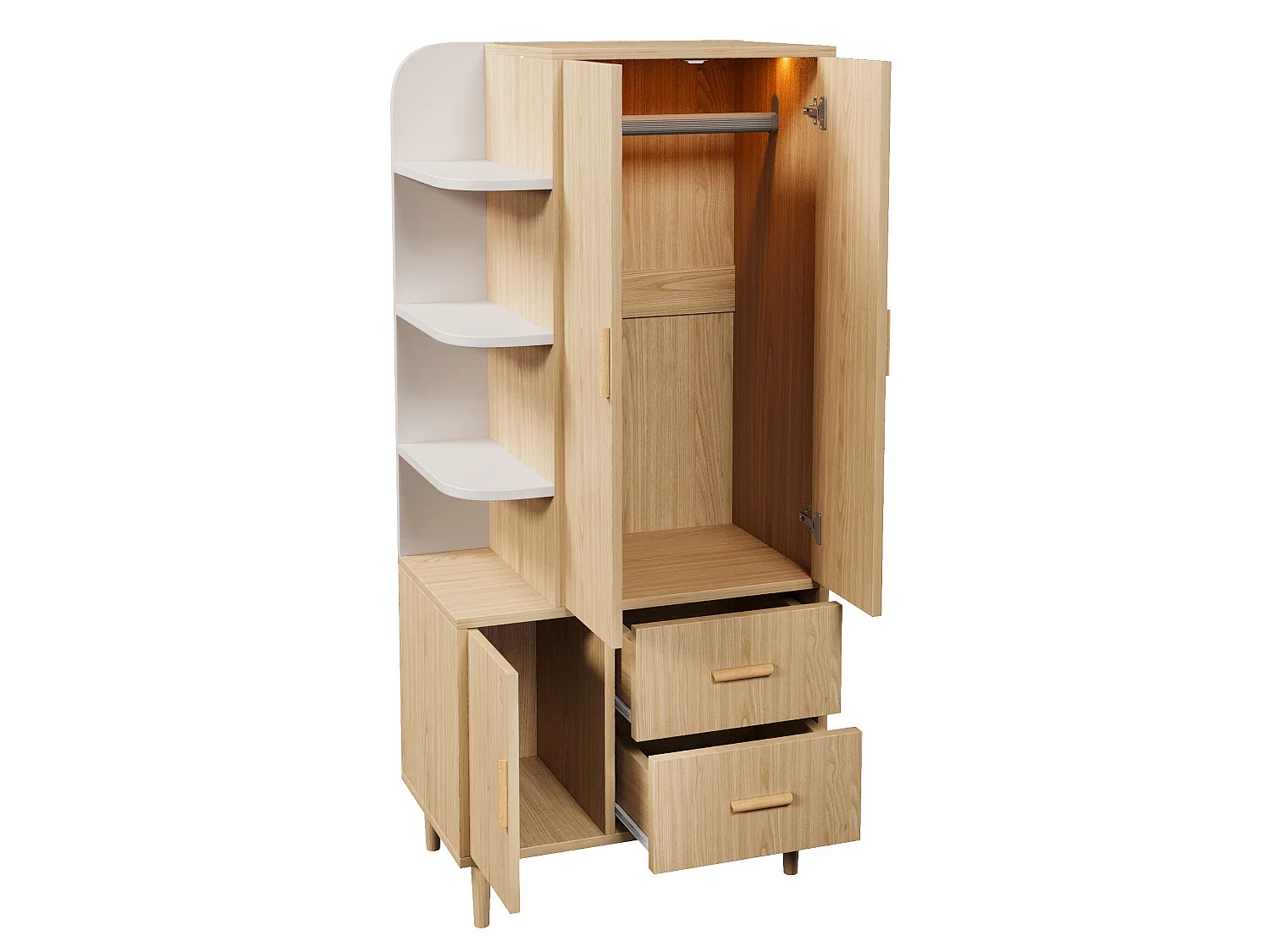 Szafa 3-drzwiowa, oświetlenie LED z czujnikiem ruchu, 1 drążek na ubrania, 2 szuflady i półki – płyta MDF i wiórowa – 80 x 48 x 176 cm – kolor biały i dąb