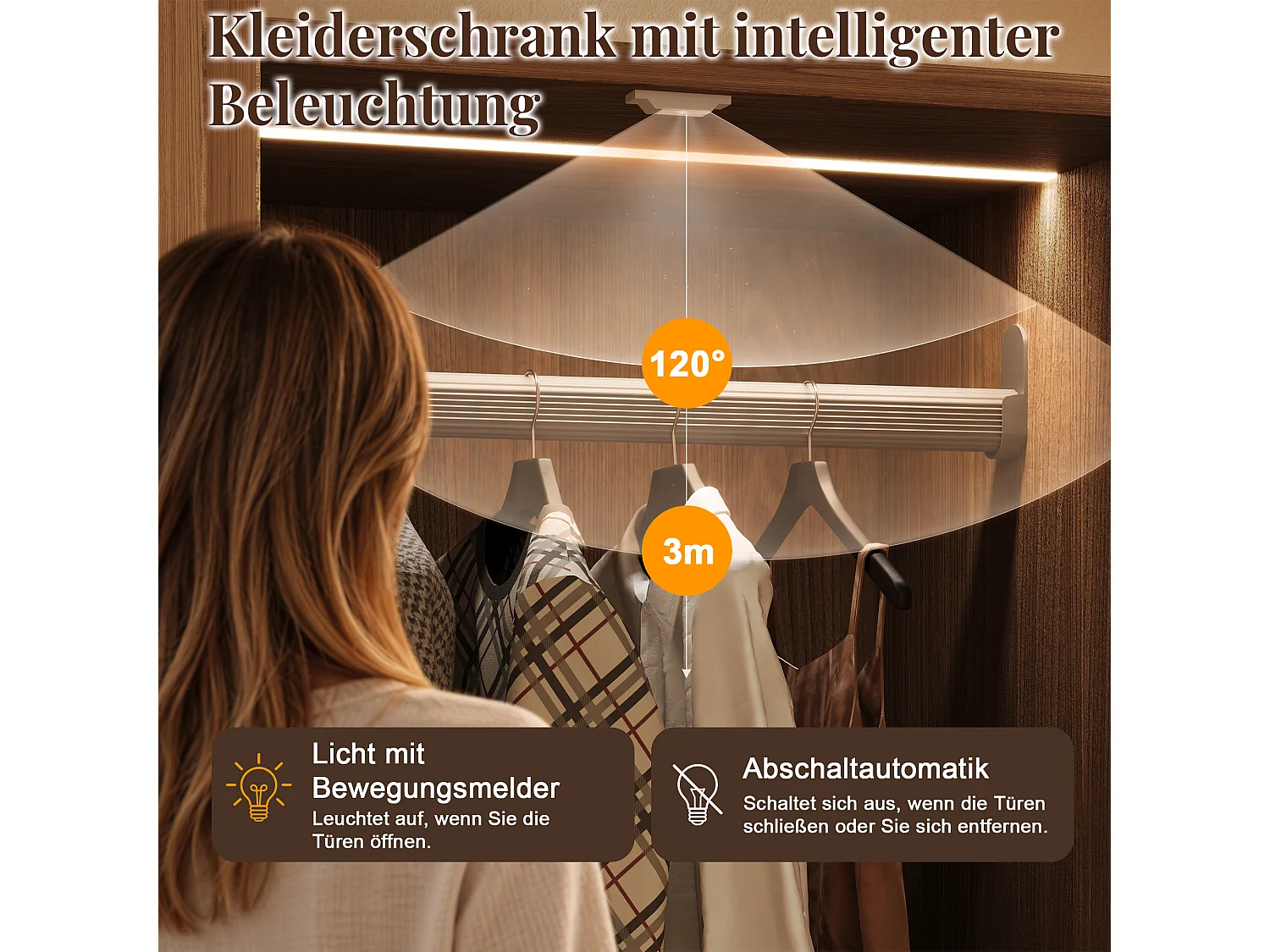 Szafa 3-drzwiowa, oświetlenie LED z czujnikiem ruchu, 1 drążek na ubrania, 2 szuflady i półki – płyta MDF i wiórowa – 80 x 48 x 176 cm – kolor biały i dąb